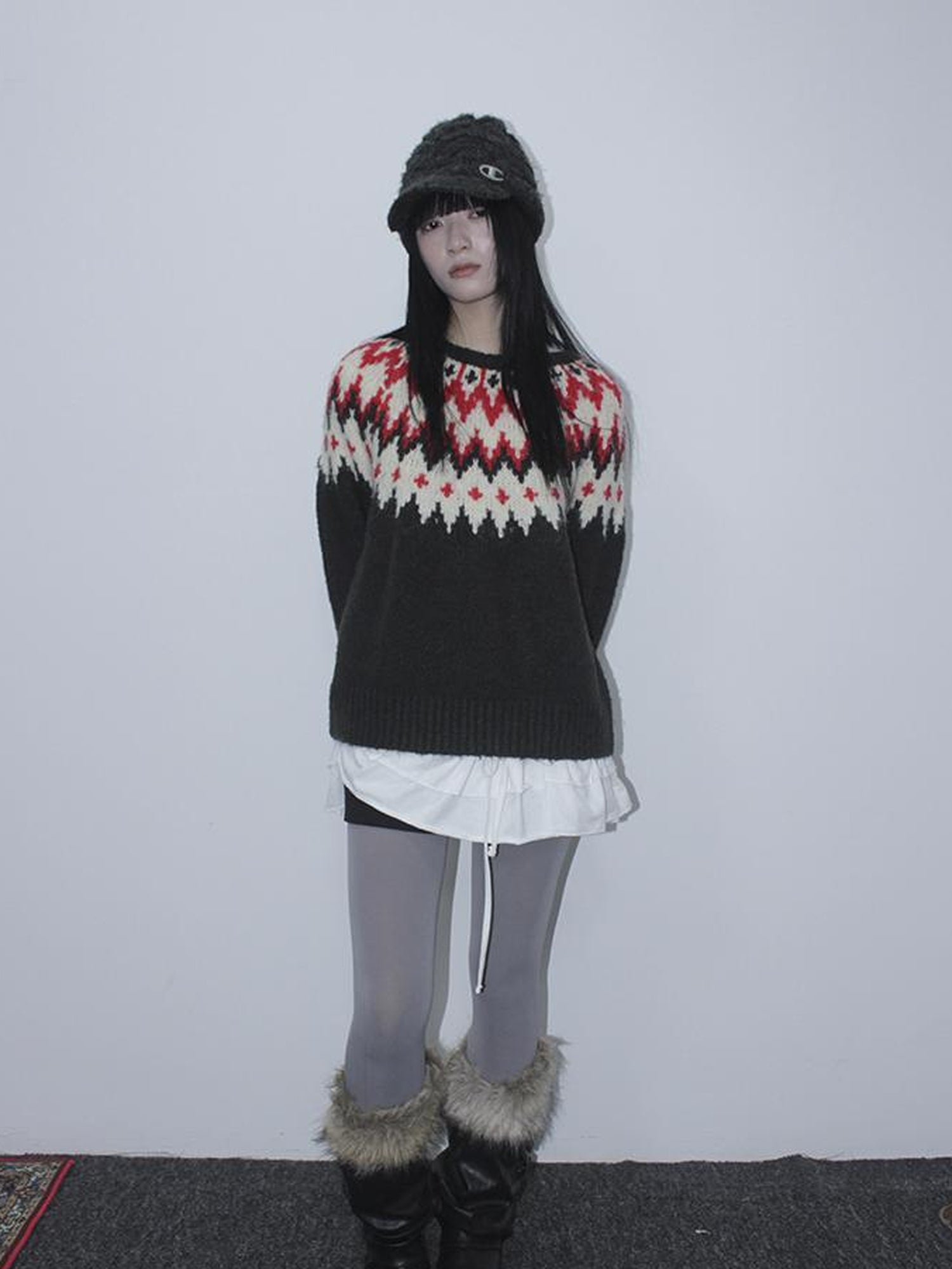 Updateang project Fair Isle Knit Sweater Women Autumn Winter Vintage Loose Fit Thick Warm