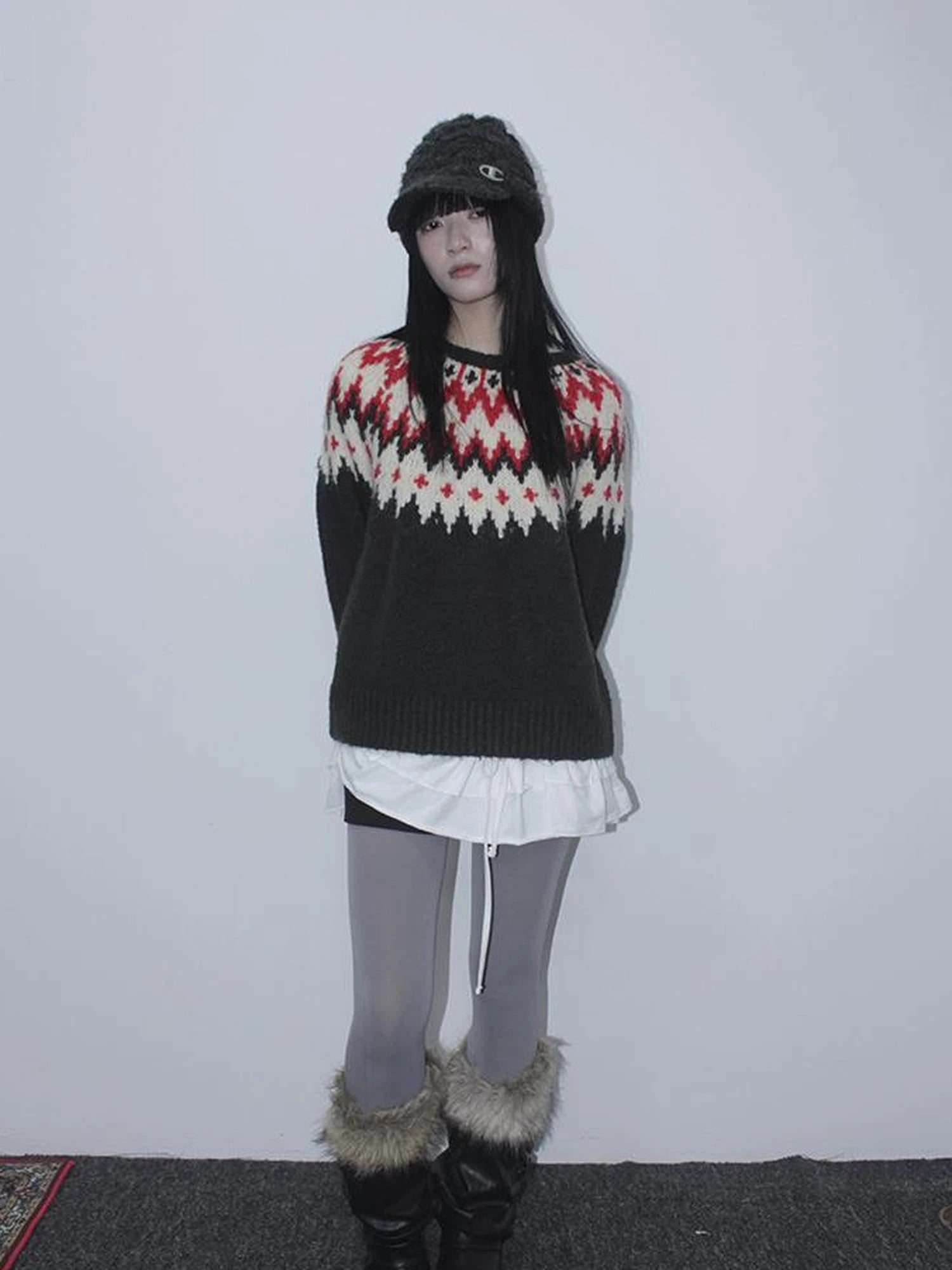 Fair Isle Knit Sweater Women Autumn Winter Vintage Loose Fit Thick Warm