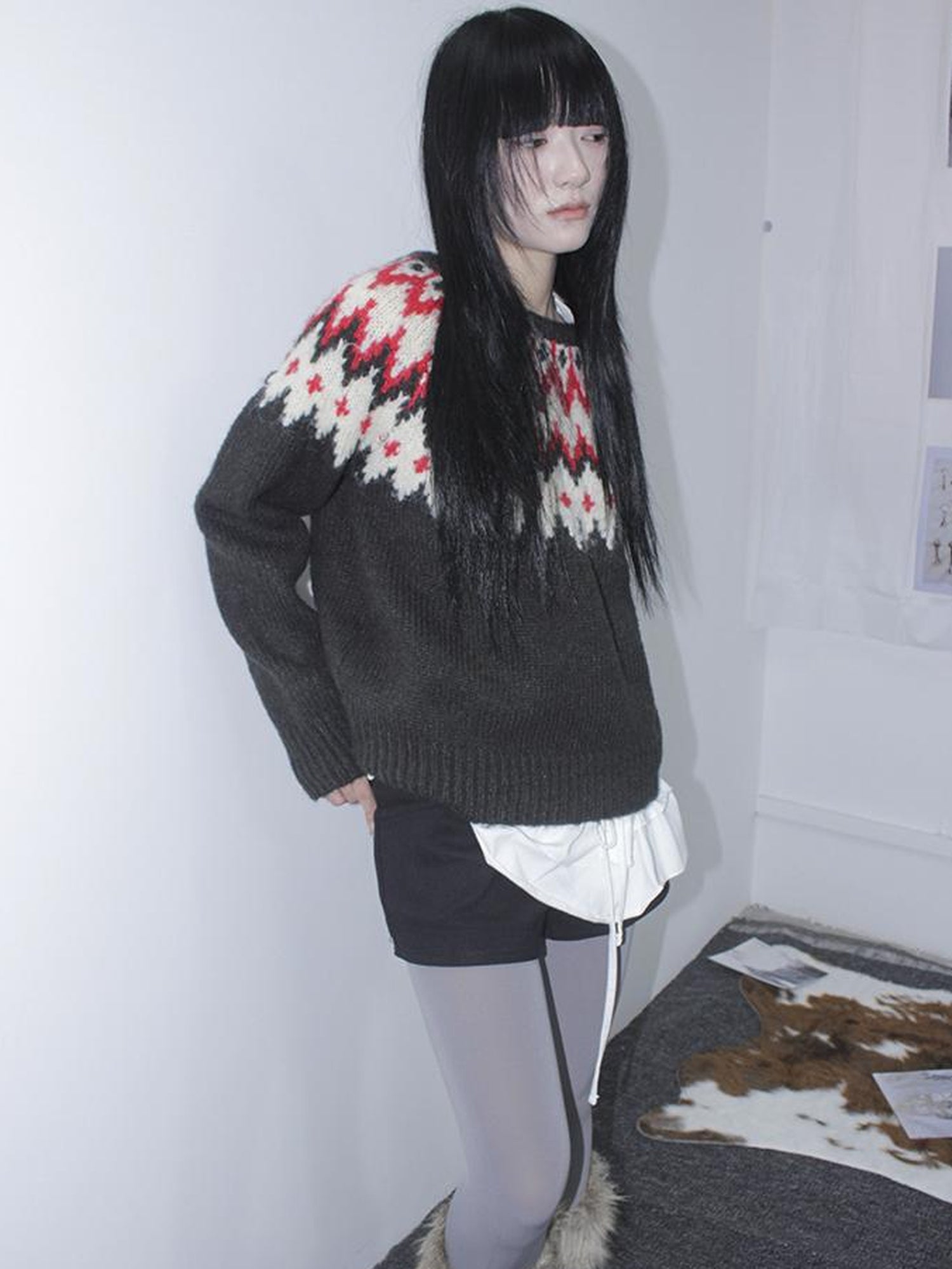 Updateang project Fair Isle Knit Sweater Women Autumn Winter Vintage Loose Fit Thick Warm