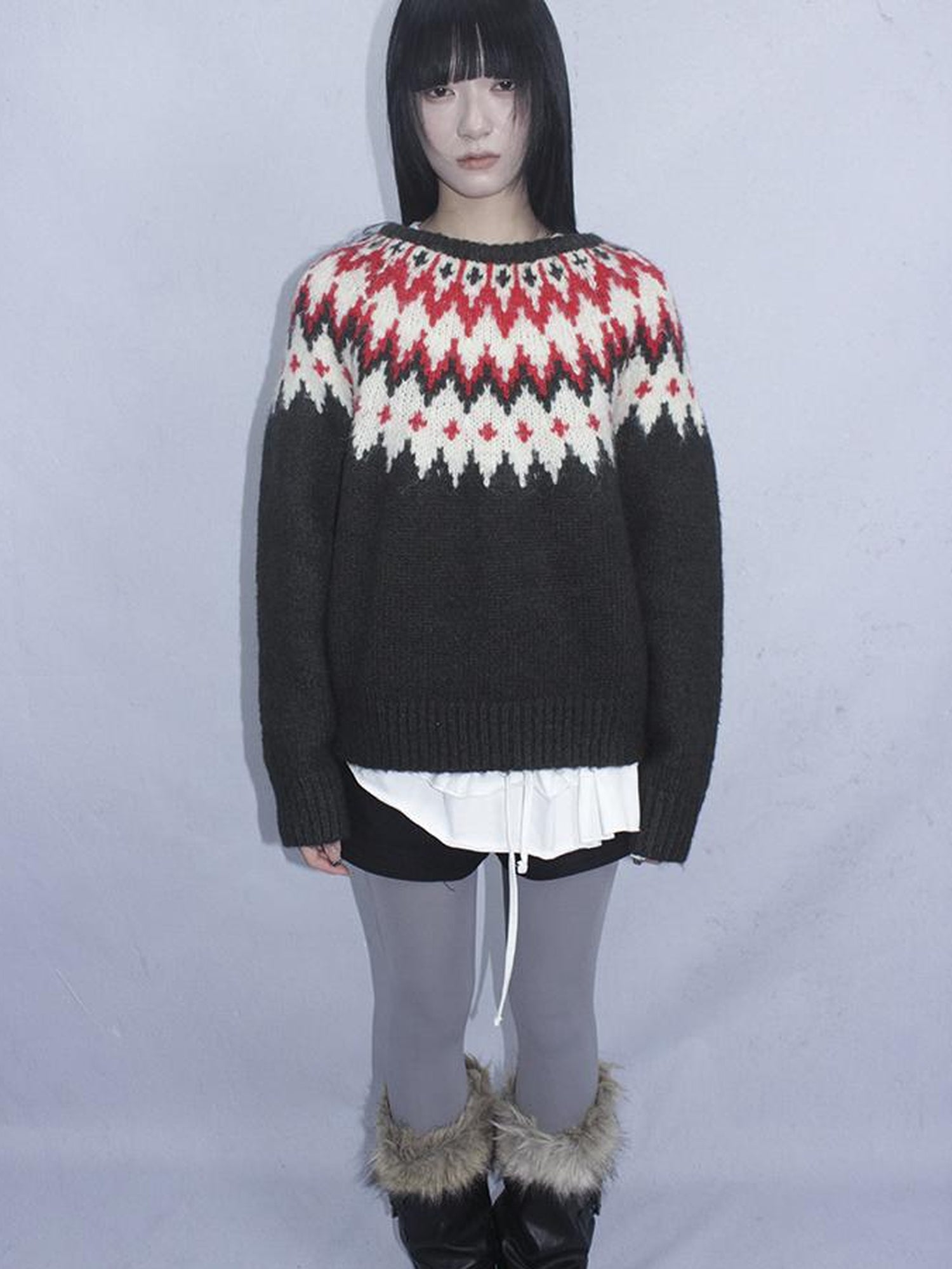 Updateang project Fair Isle Knit Sweater Women Autumn Winter Vintage Loose Fit Thick Warm