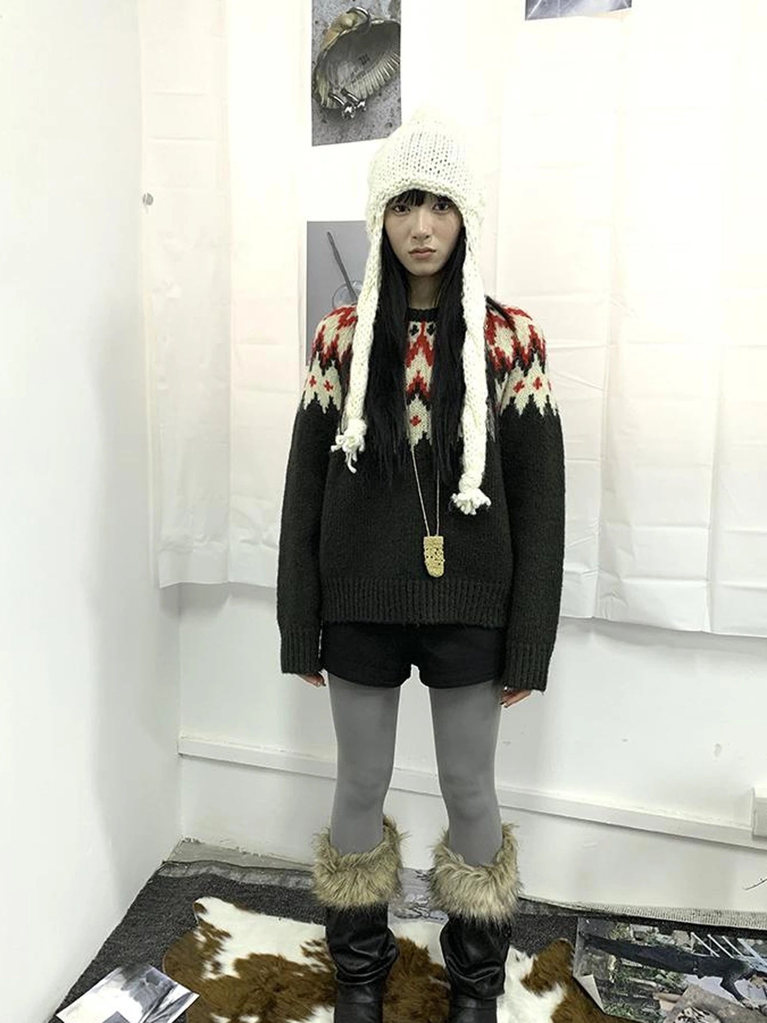 Fair Isle Knit Sweater Women Autumn Winter Vintage Loose Fit Thick Warm