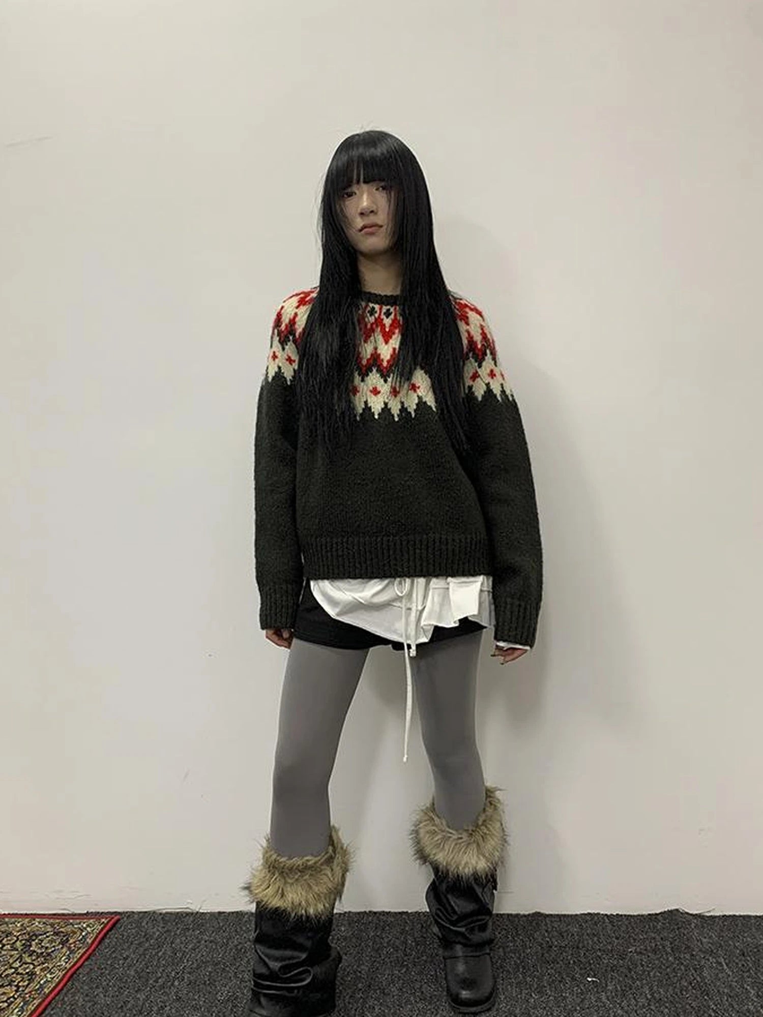 Fair Isle Knit Sweater Women Autumn Winter Vintage Loose Fit Thick Warm