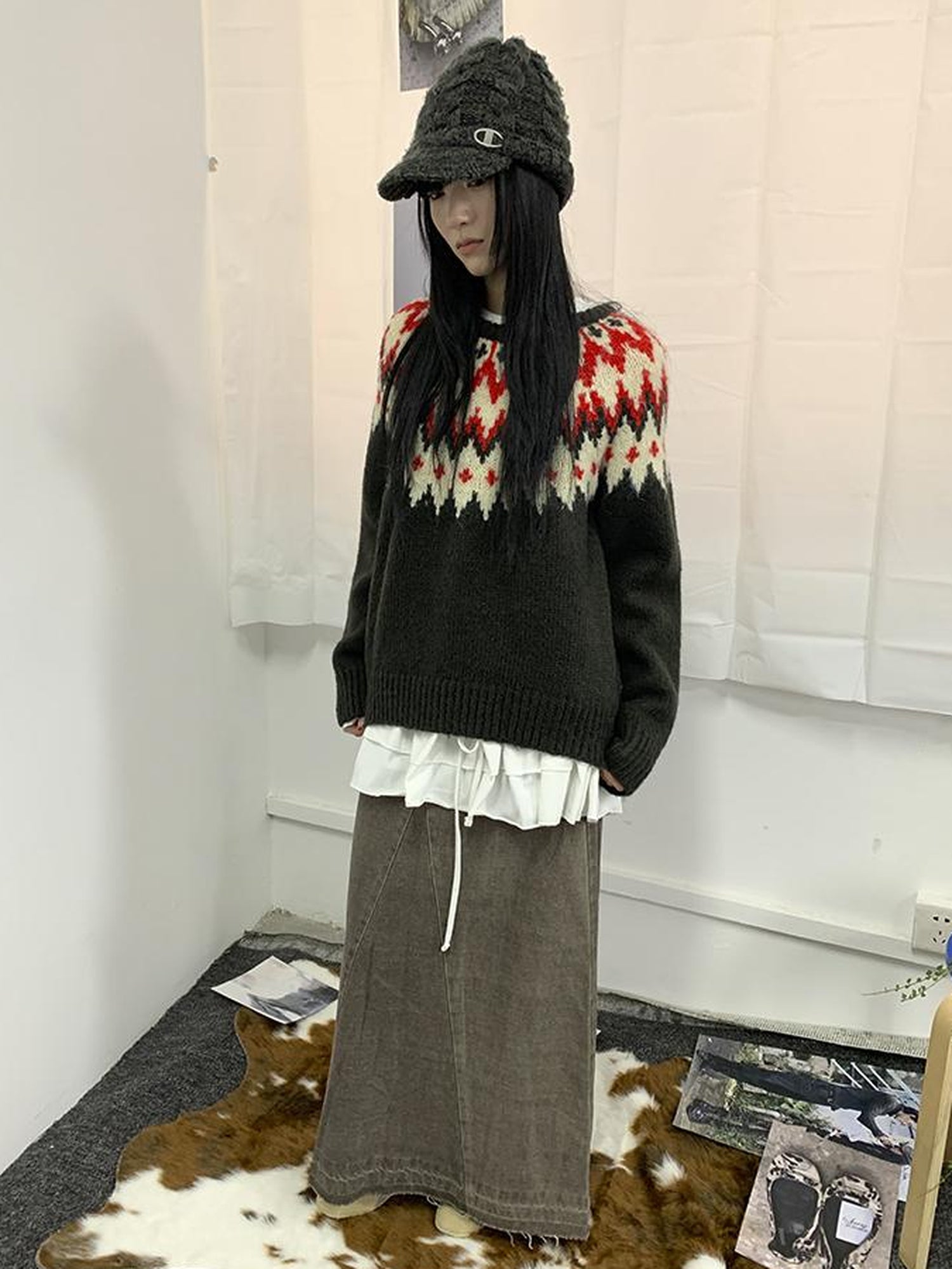 Updateang project Fair Isle Knit Sweater Women Autumn Winter Vintage Loose Fit Thick Warm