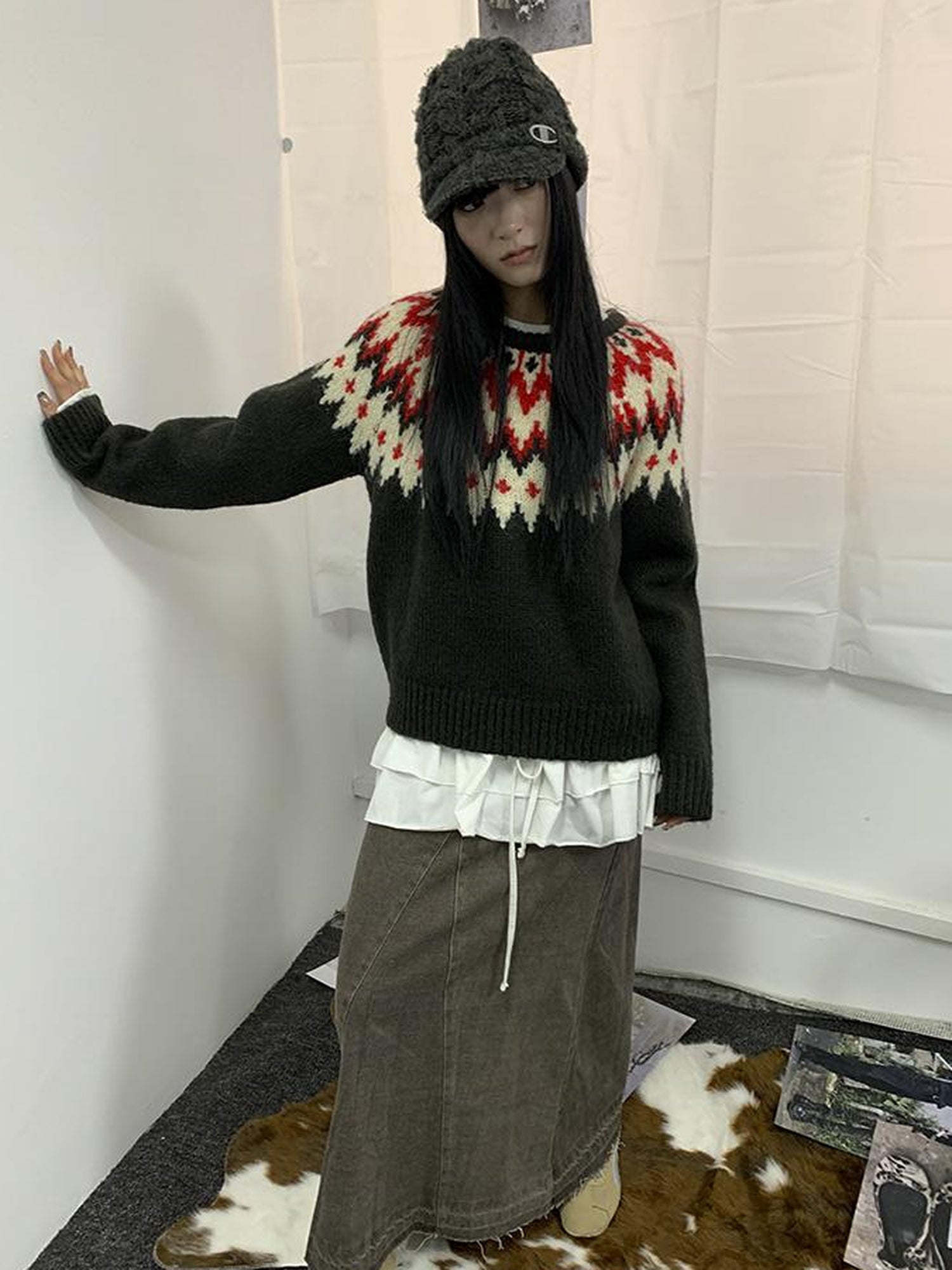 Updateang project Fair Isle Knit Sweater Women Autumn Winter Vintage Loose Fit Thick Warm