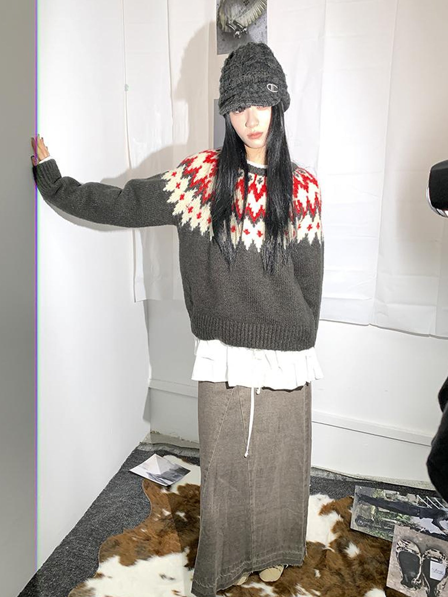 Updateang project Fair Isle Knit Sweater Women Autumn Winter Vintage Loose Fit Thick Warm