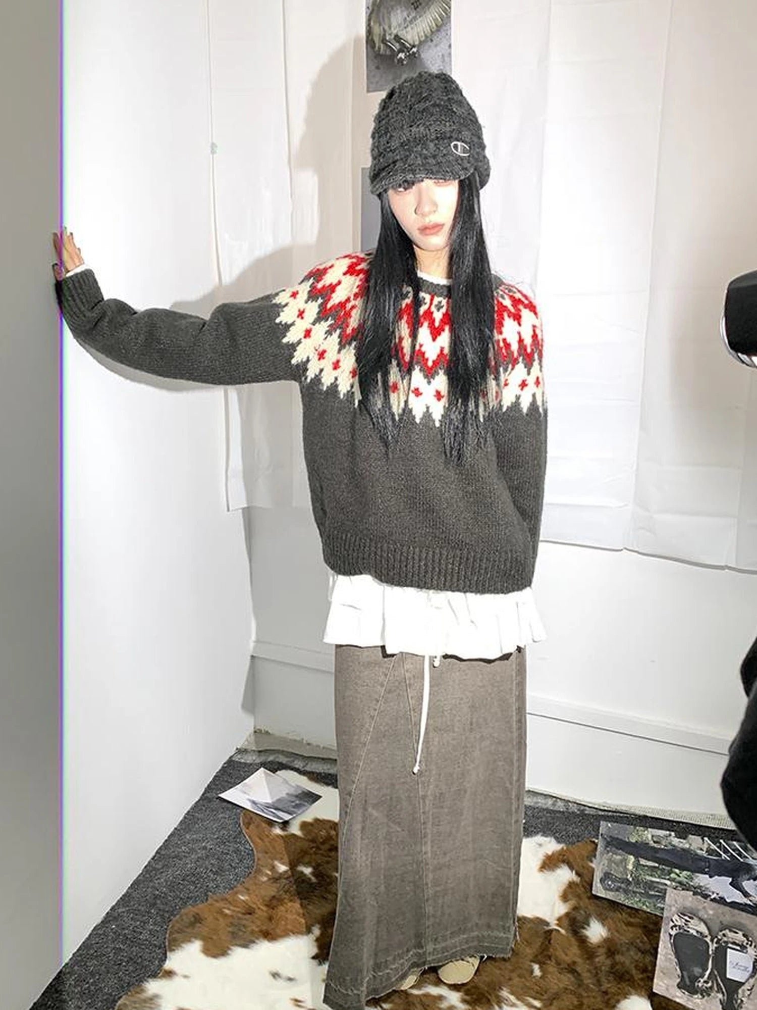 Fair Isle Knit Sweater Women Autumn Winter Vintage Loose Fit Thick Warm