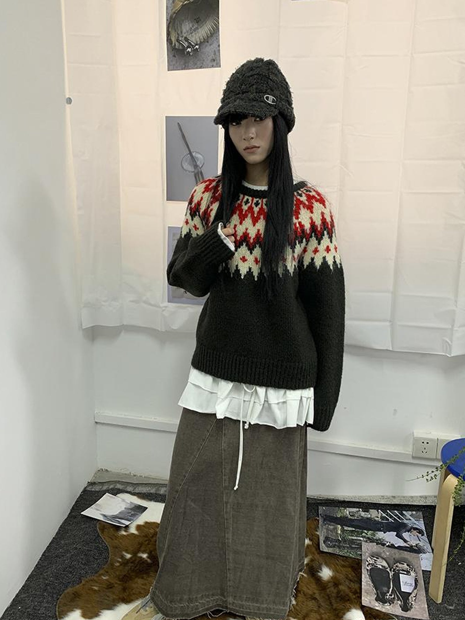 Updateang project Fair Isle Knit Sweater Women Autumn Winter Vintage Loose Fit Thick Warm