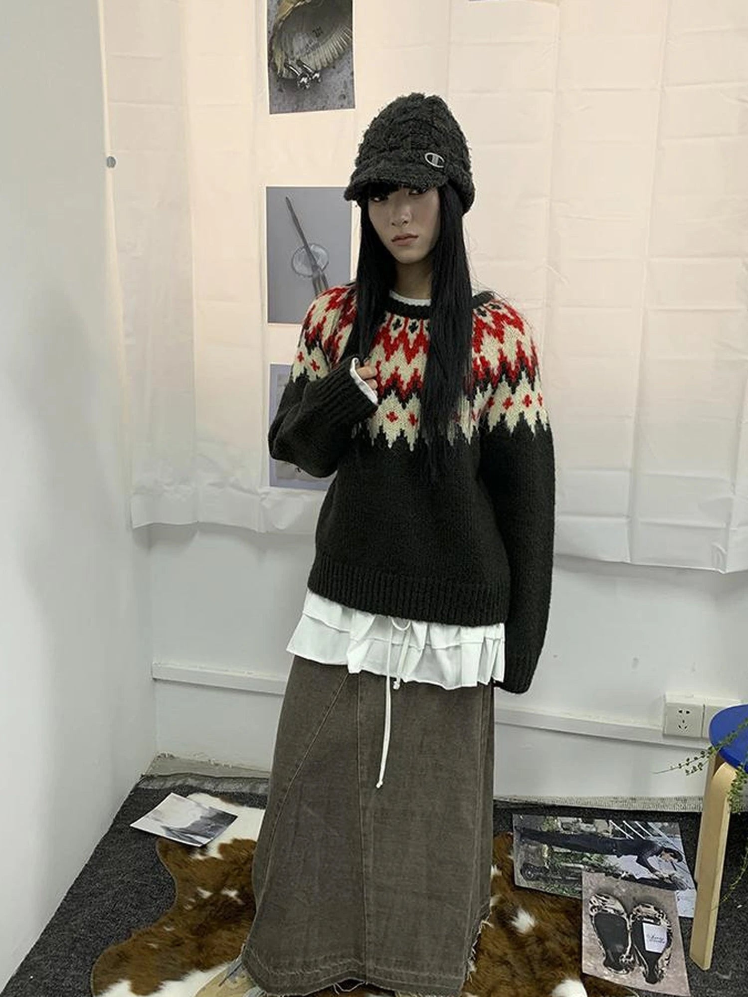 Fair Isle Knit Sweater Women Autumn Winter Vintage Loose Fit Thick Warm