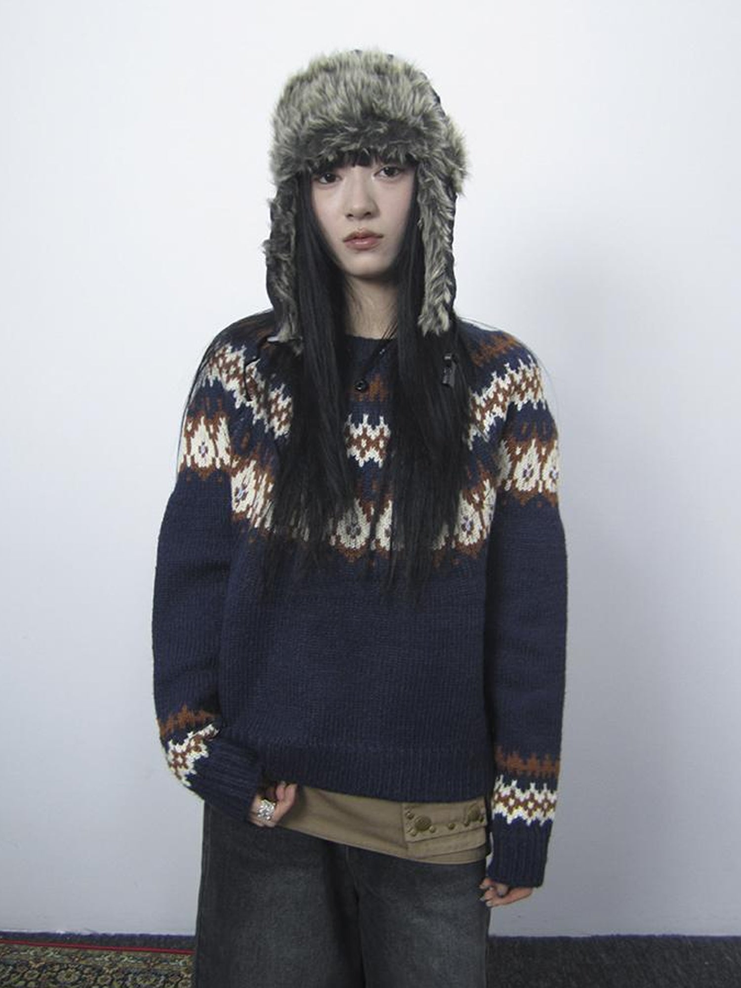 Updateang project Fair Isle Knit Sweater Women Vintage Winter Blue Loose