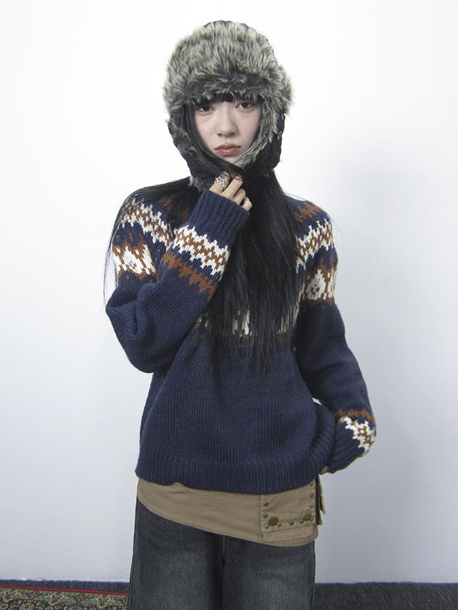 Updateang project Fair Isle Knit Sweater Women Vintage Winter Blue Loose