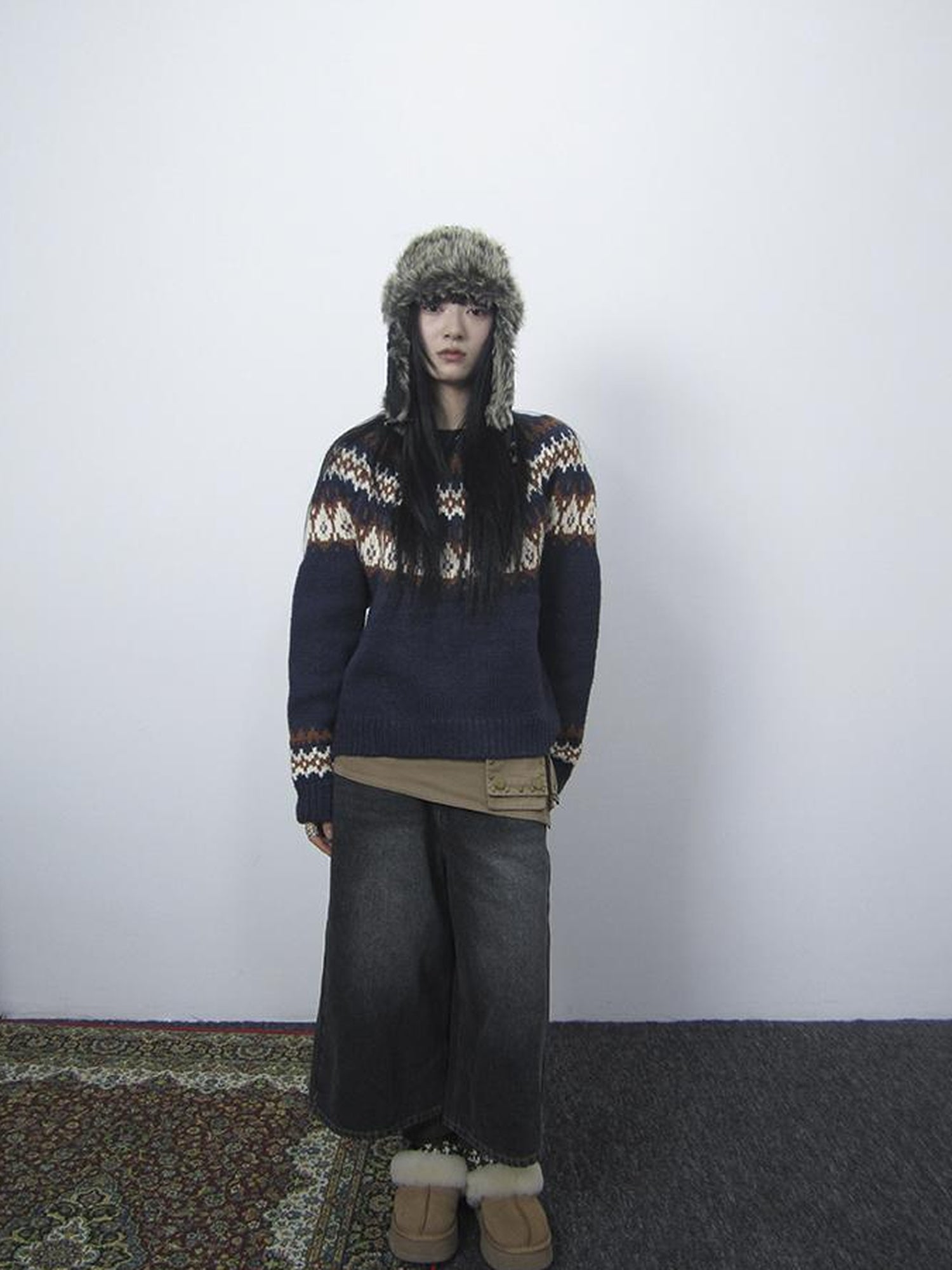 Updateang project Fair Isle Knit Sweater Women Vintage Winter Blue Loose
