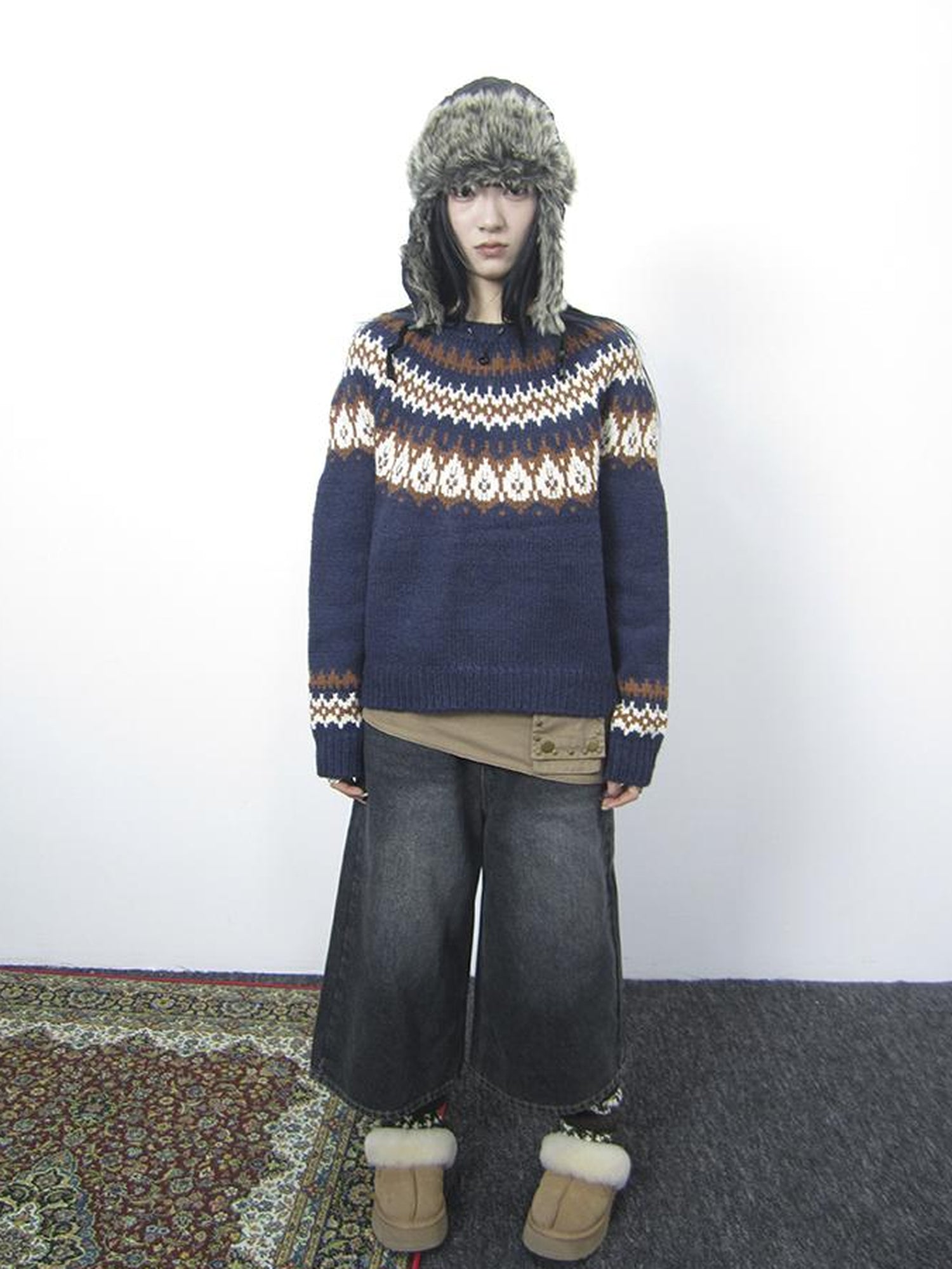 Updateang project Fair Isle Knit Sweater Women Vintage Winter Blue Loose