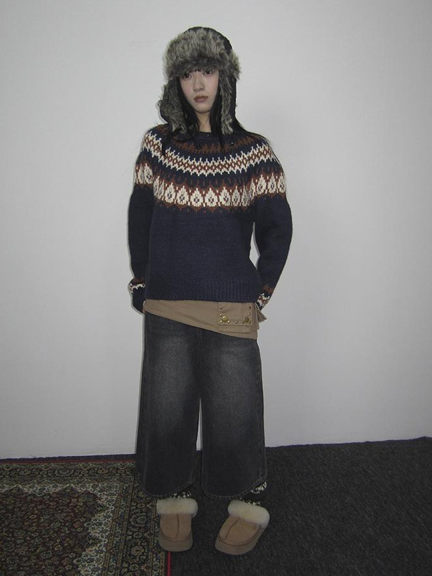 Updateang project Fair Isle Knit Sweater Women Vintage Winter Blue Loose