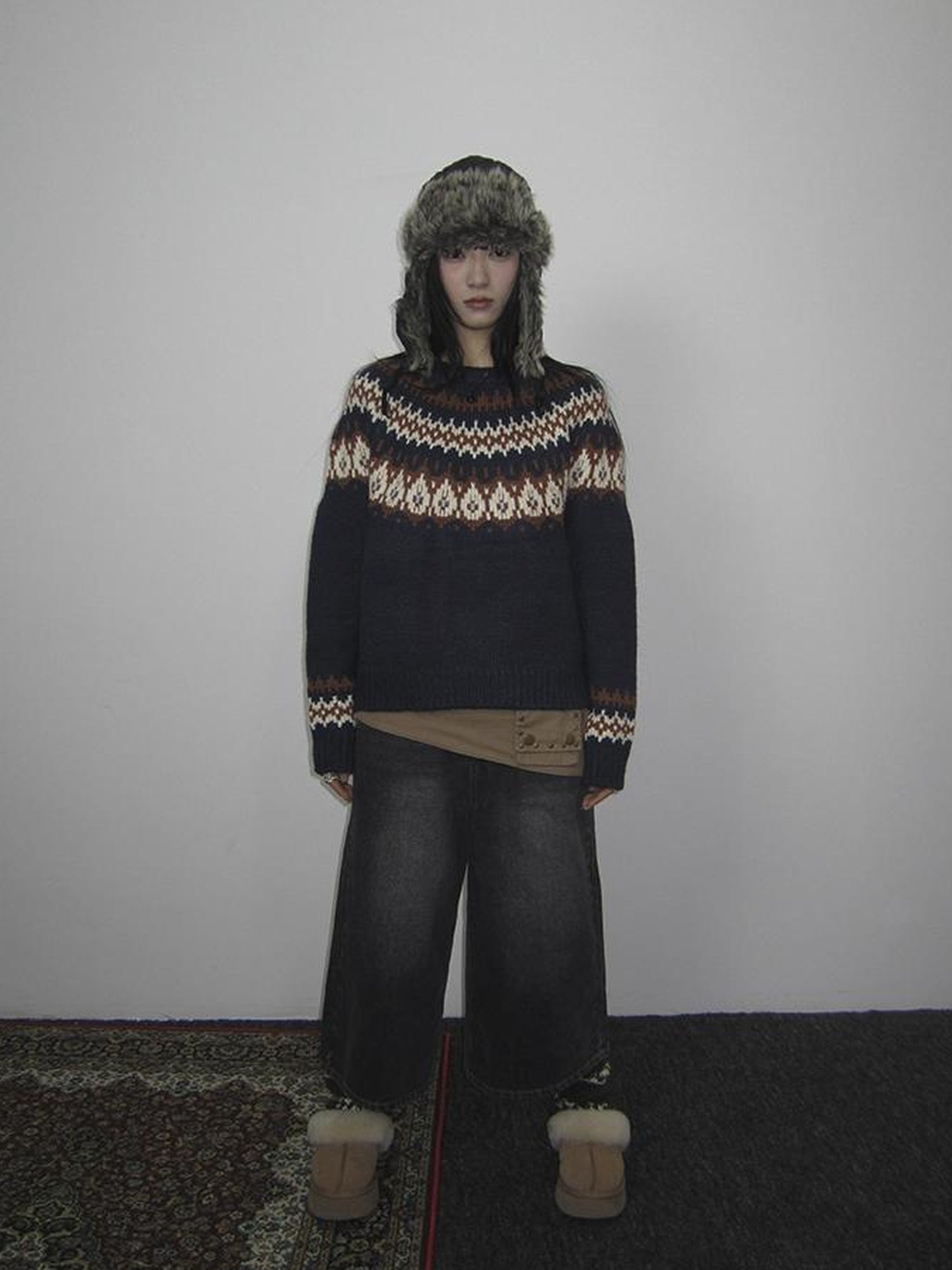 Updateang project Fair Isle Knit Sweater Women Vintage Winter Blue Loose