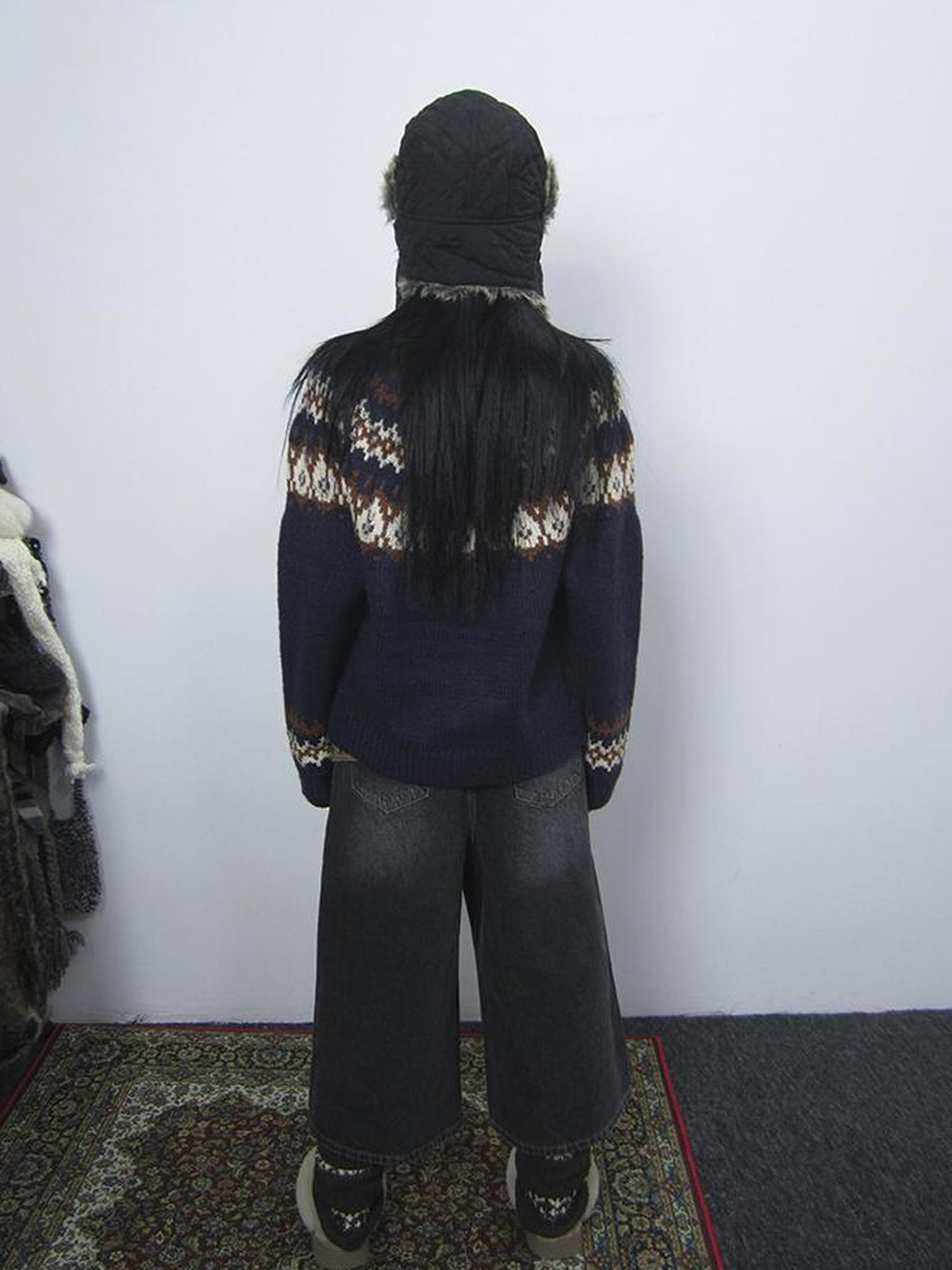 Updateang project Fair Isle Knit Sweater Women Vintage Winter Blue Loose