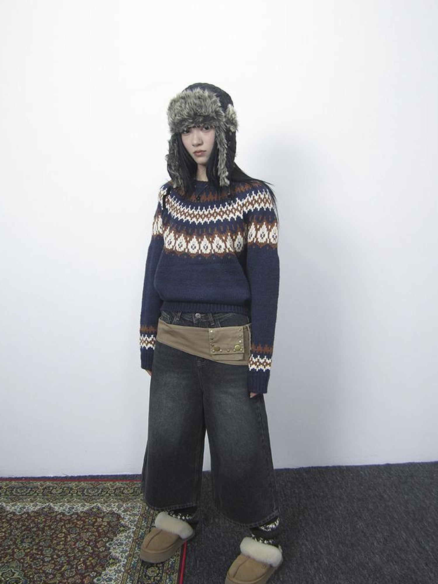 Updateang project Fair Isle Knit Sweater Women Vintage Winter Blue Loose