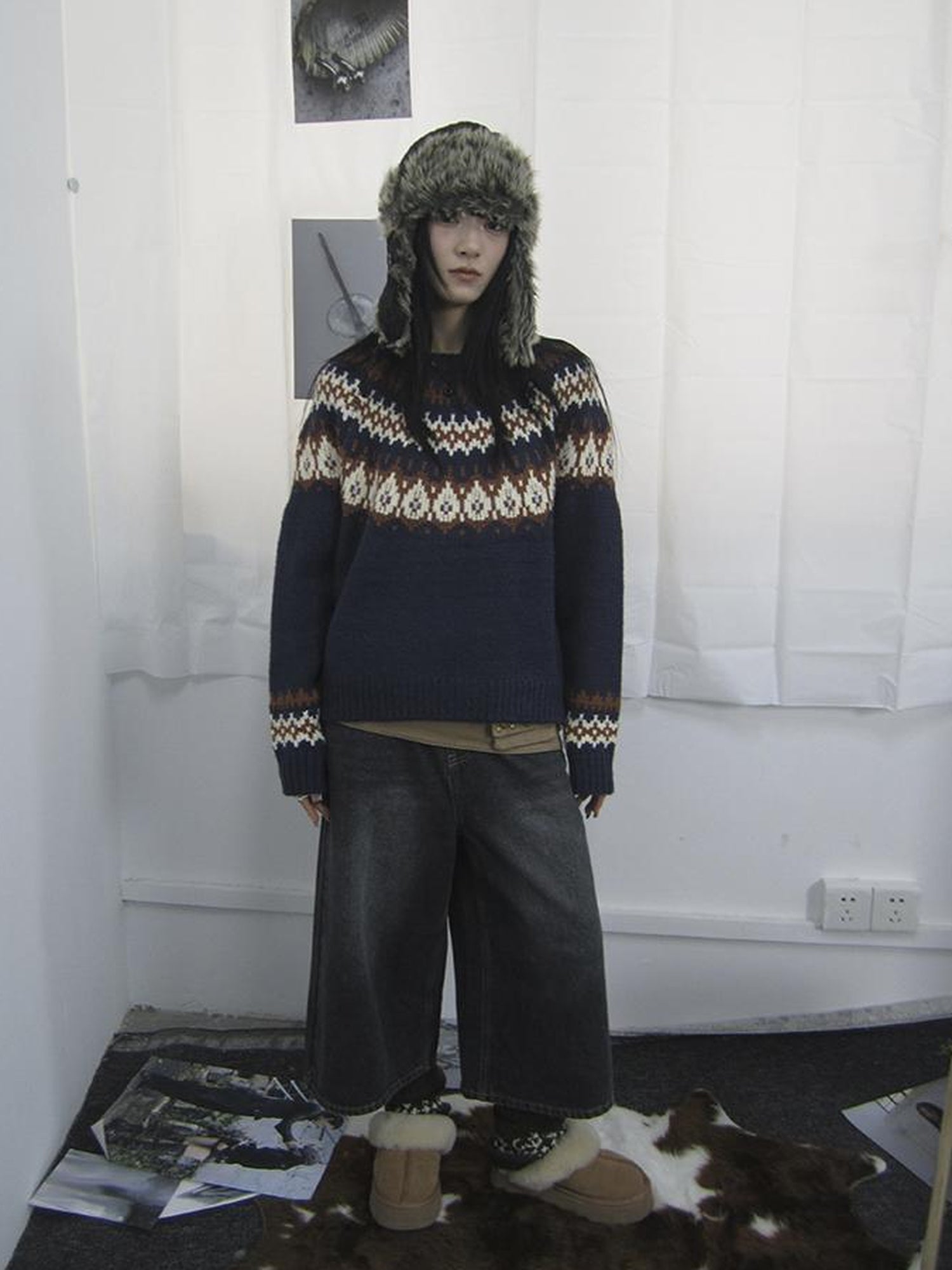 Updateang project Fair Isle Knit Sweater Women Vintage Winter Blue Loose