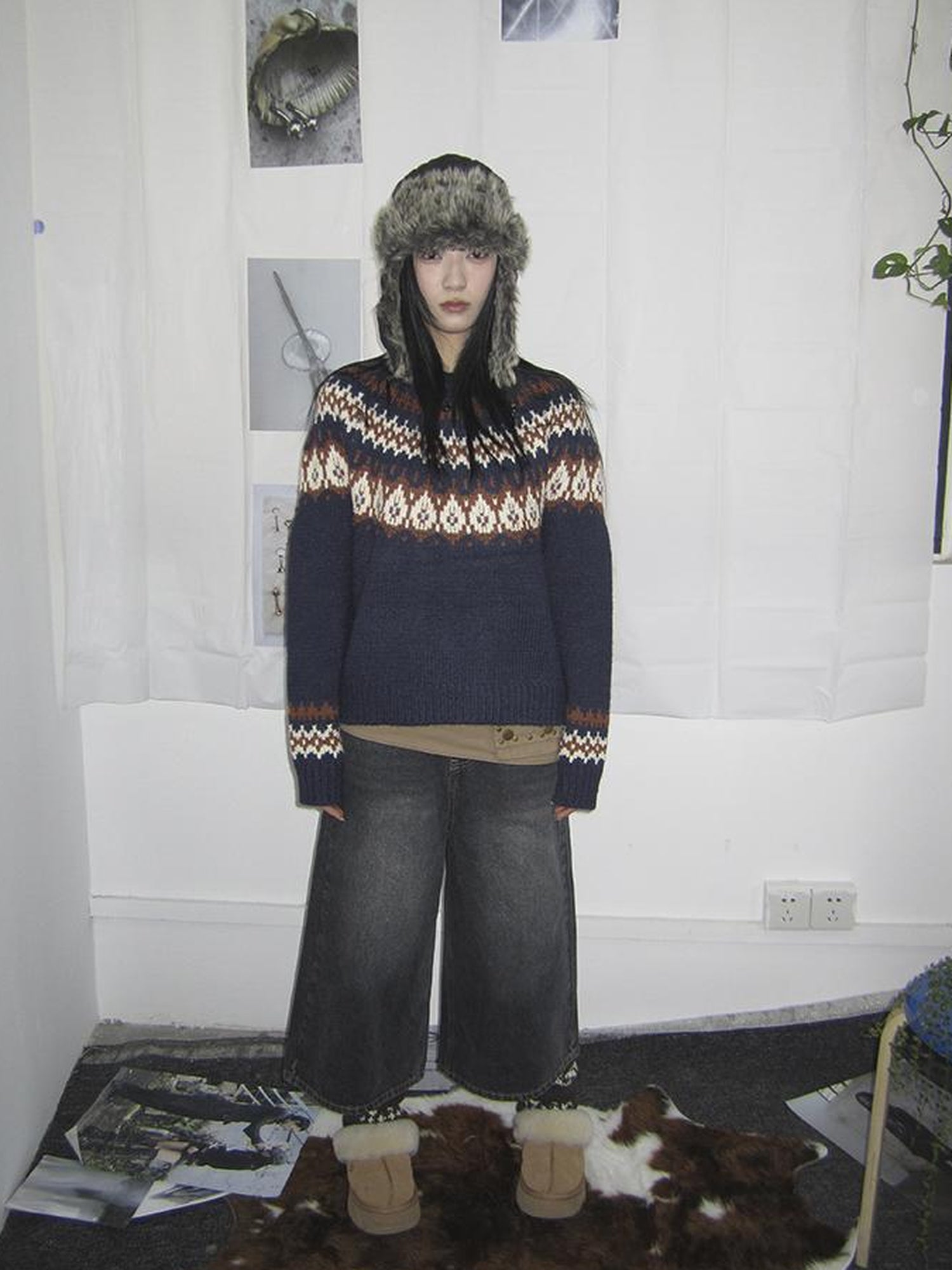 Updateang project Fair Isle Knit Sweater Women Vintage Winter Blue Loose