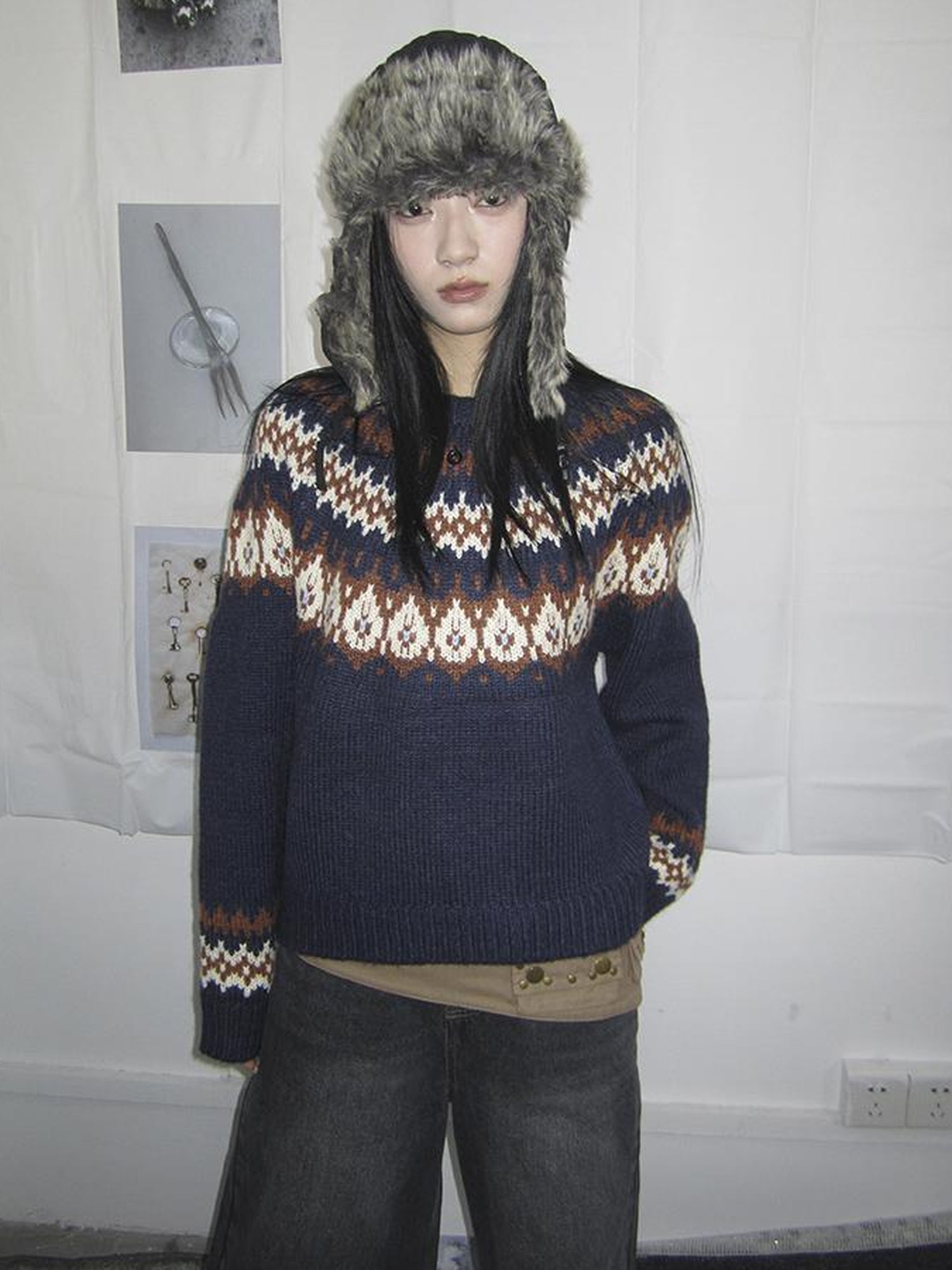 Updateang project Fair Isle Knit Sweater Women Vintage Winter Blue Loose