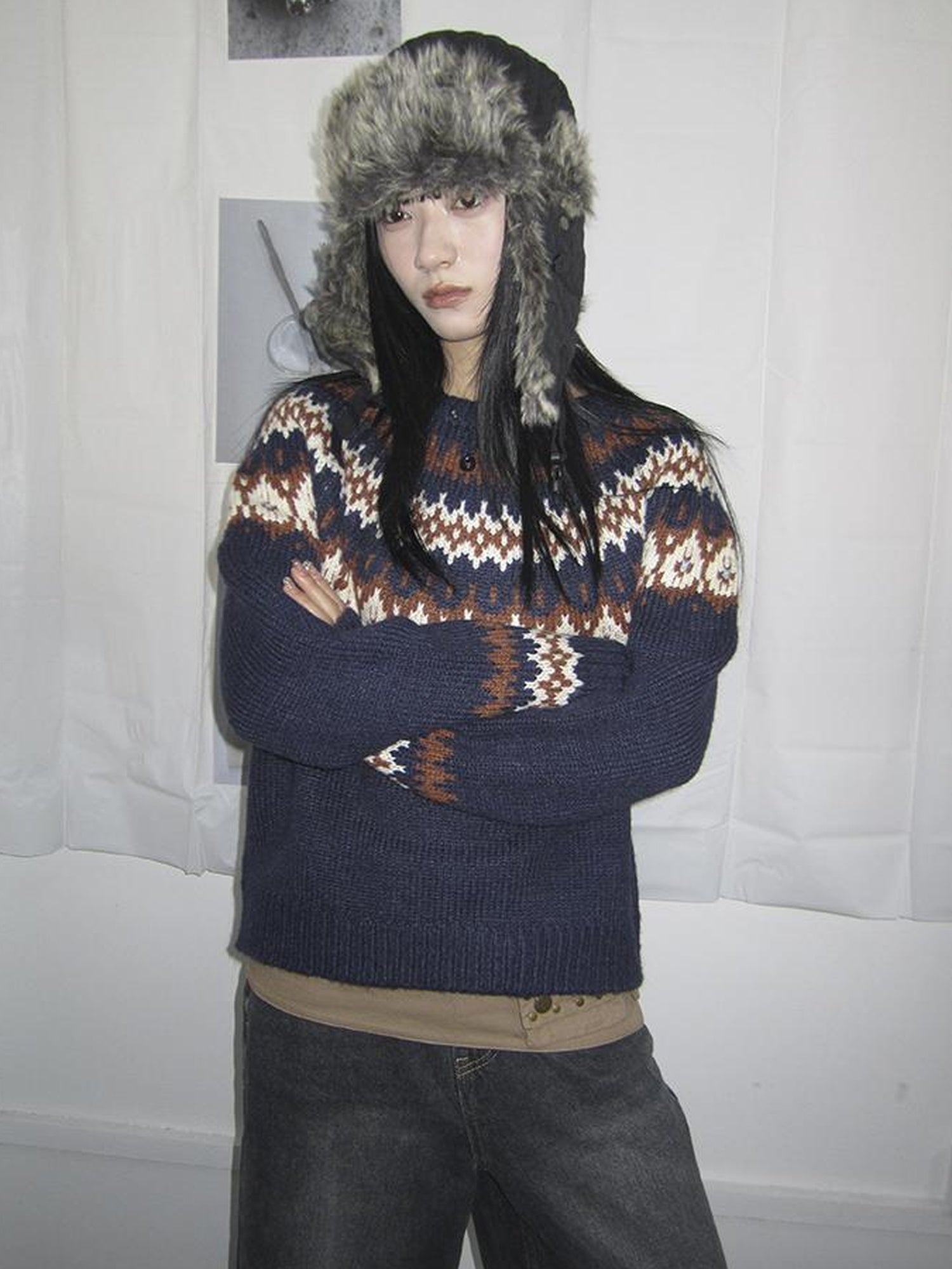Updateang project Fair Isle Knit Sweater Women Vintage Winter Blue Loose