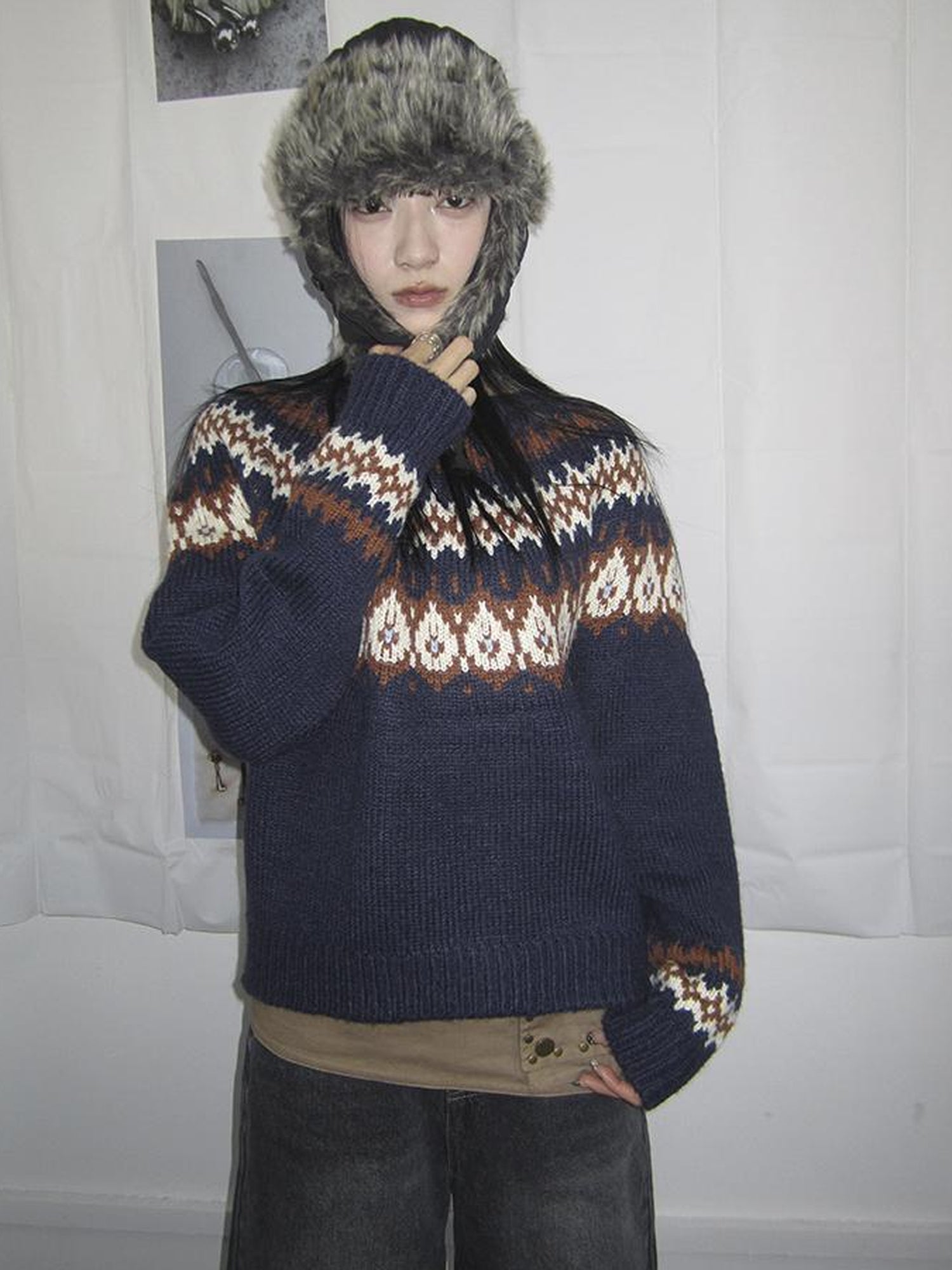 Updateang project Fair Isle Knit Sweater Women Vintage Winter Blue Loose