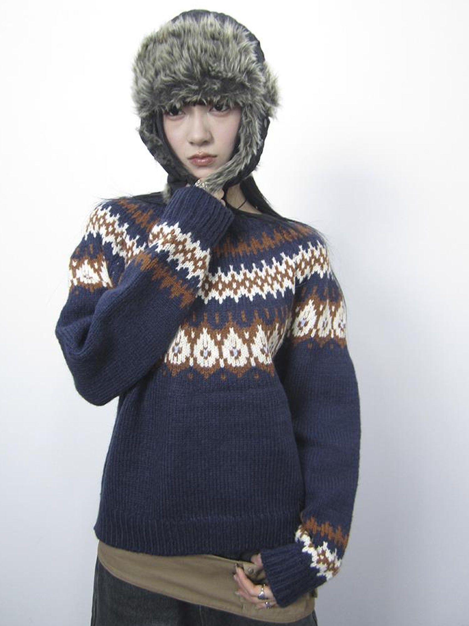 Updateang project Fair Isle Knit Sweater Women Vintage Winter Blue Loose