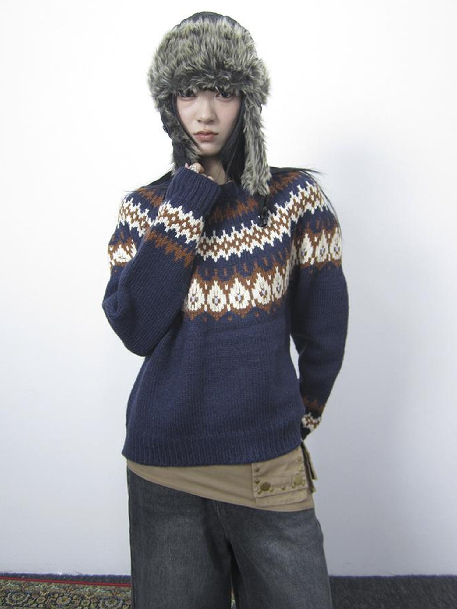 Updateang project Fair Isle Knit Sweater Women Vintage Winter Blue Loose