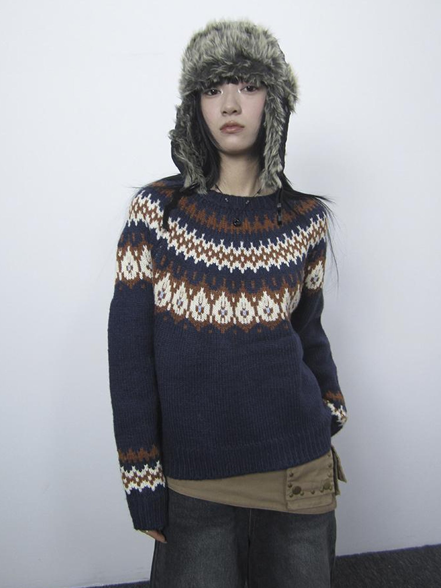Updateang project Fair Isle Knit Sweater Women Vintage Winter Blue Loose