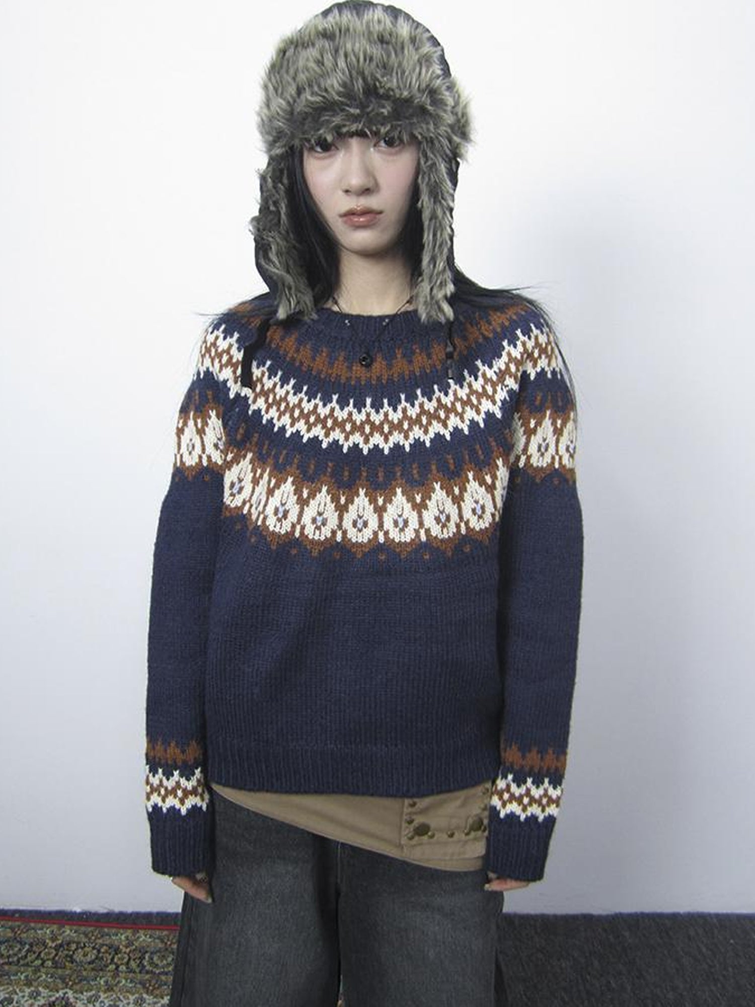 Updateang project Fair Isle Knit Sweater Women Vintage Winter Blue Loose
