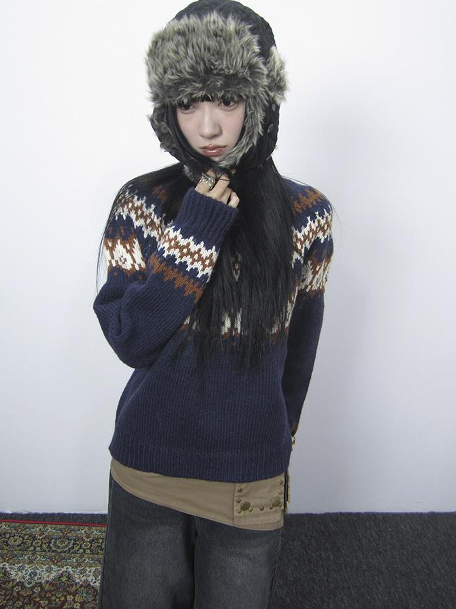 Updateang project Fair Isle Knit Sweater Women Vintage Winter Blue Loose