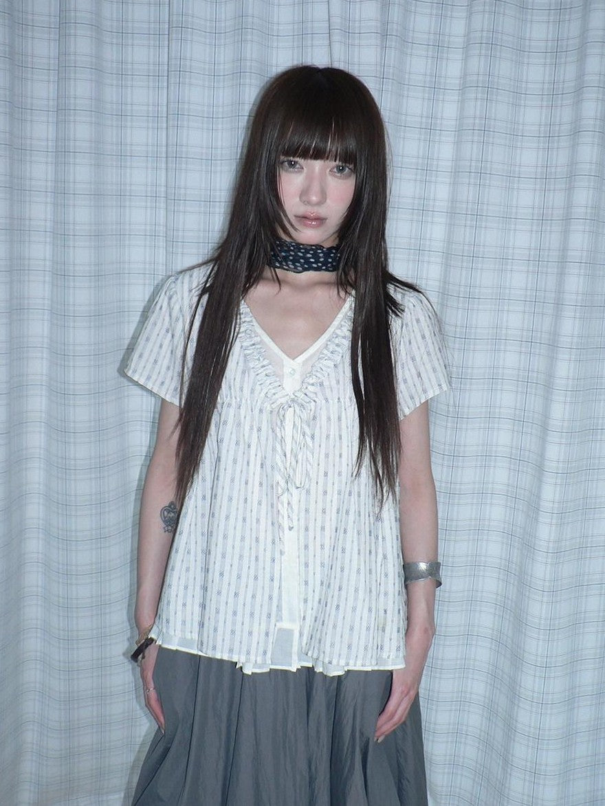 ang project Fake Two Piece V-neck Plaid Stripe Ruffle Tie Women&