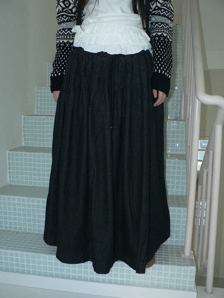 ang project Fleece Lined Cotton Vintage A Line Pleated Loose Women Casual Maxi Skirt
