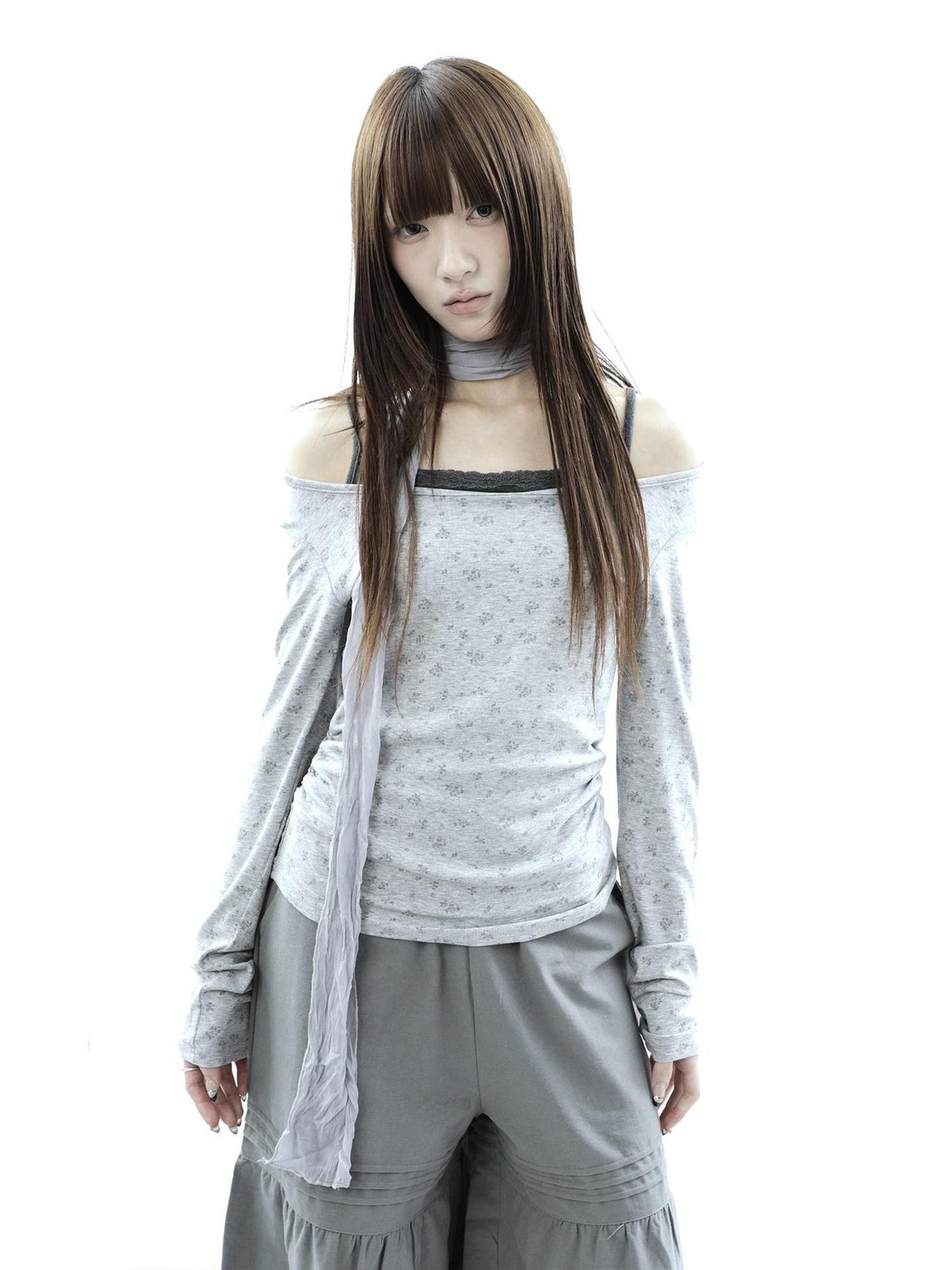 ang project Floral Colorblock Spliced Faux Layered Boat Neck Women&