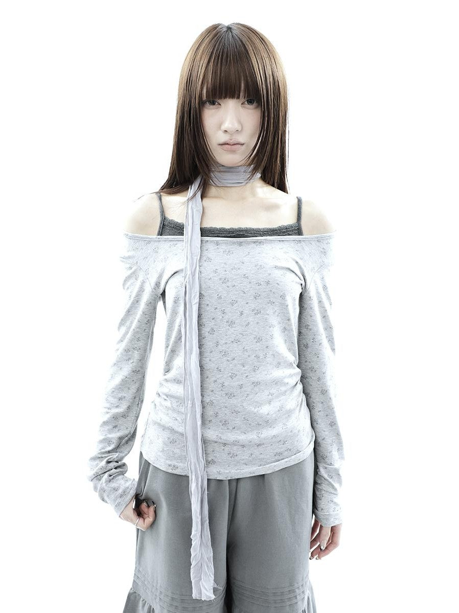 ang project Floral Colorblock Spliced Faux Layered Boat Neck Women&