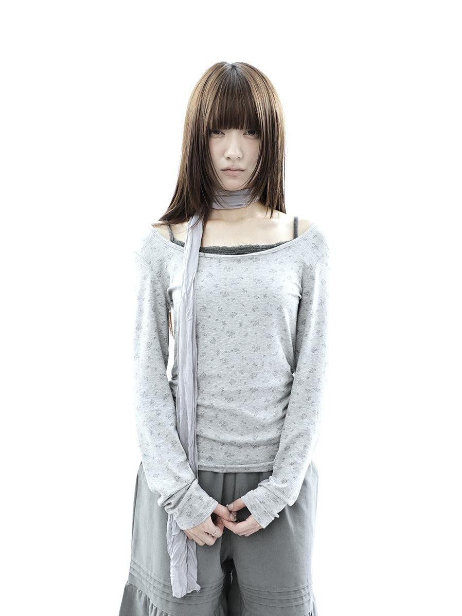 ang project Floral Colorblock Spliced Faux Layered Boat Neck Women&