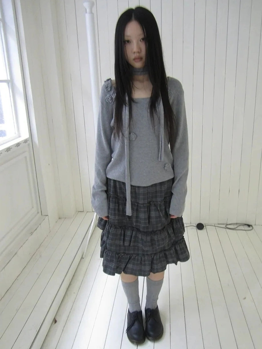 ang project Floral Embellished Round Neck Long Sleeve Knit Top With Detachable Scarf Sweater