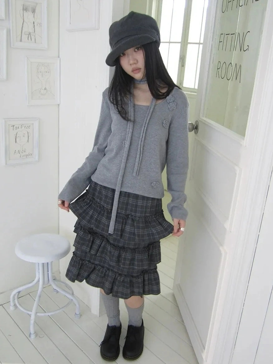 ang project Floral Embellished Round Neck Long Sleeve Knit Top With Detachable Scarf Sweater