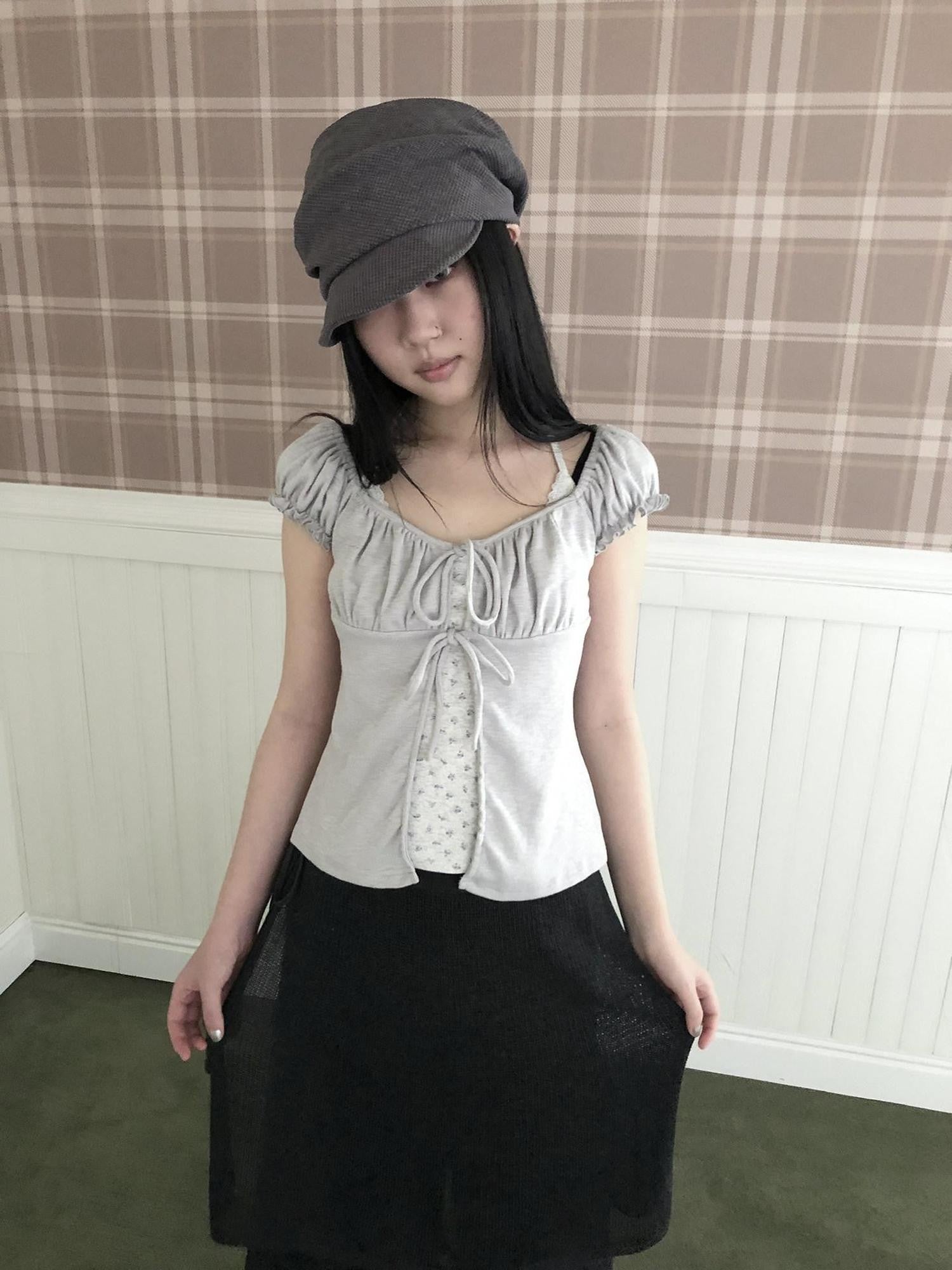 ang project Floral Halter Tie Puff Sleeve Faux Layered Women&