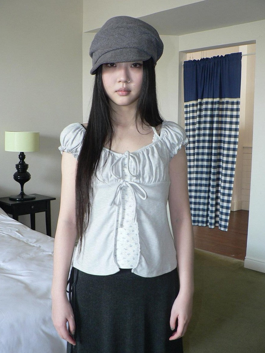 ang project Floral Halter Tie Puff Sleeve Faux Layered Women&
