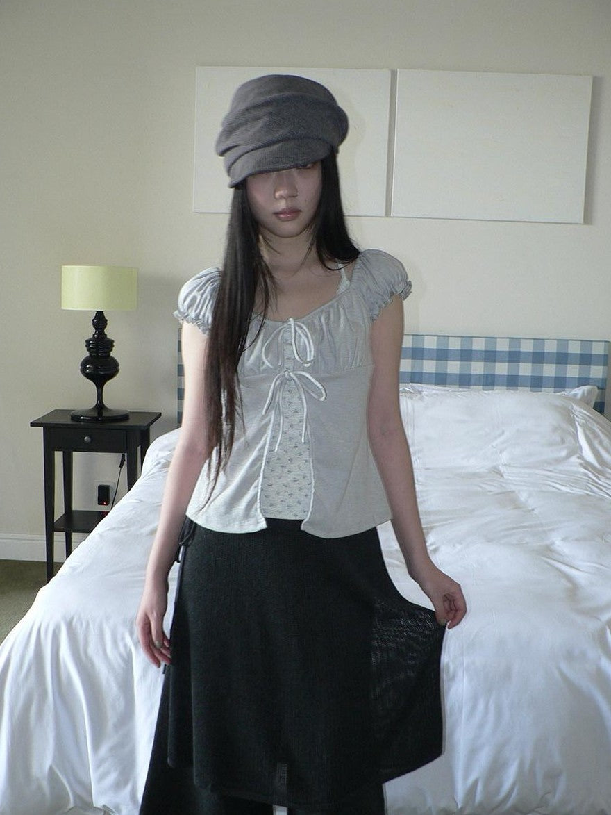 ang project Floral Halter Tie Puff Sleeve Faux Layered Women&