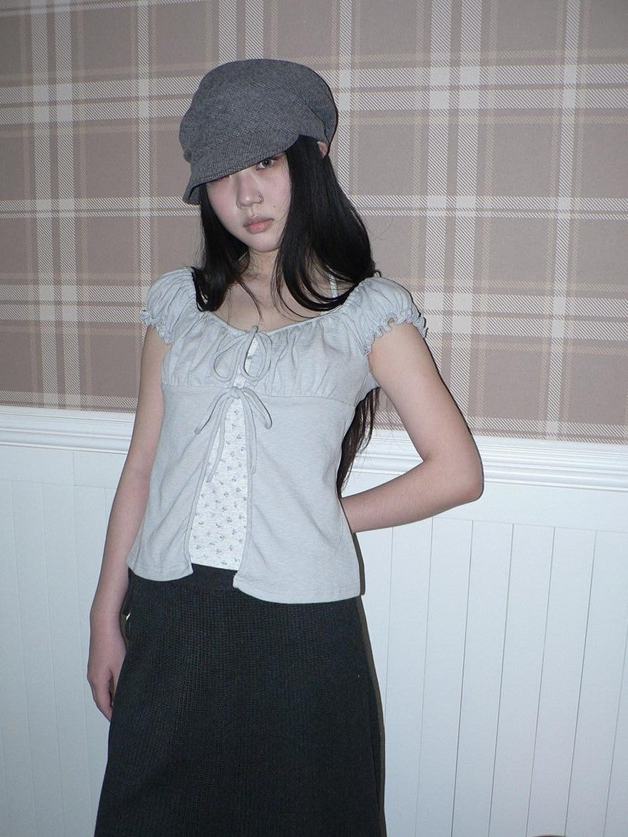ang project Floral Halter Tie Puff Sleeve Faux Layered Women&
