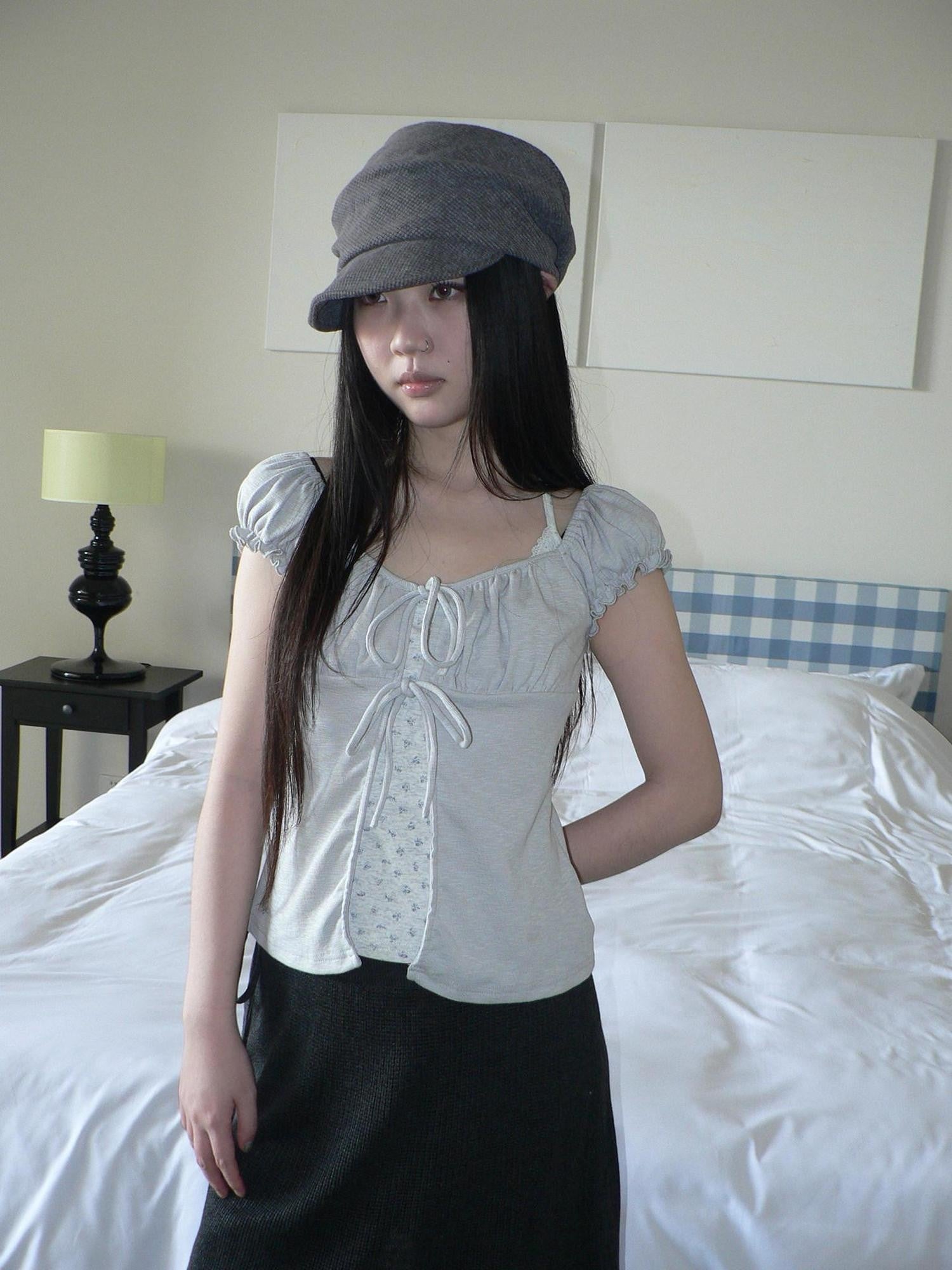 ang project Floral Halter Tie Puff Sleeve Faux Layered Women&