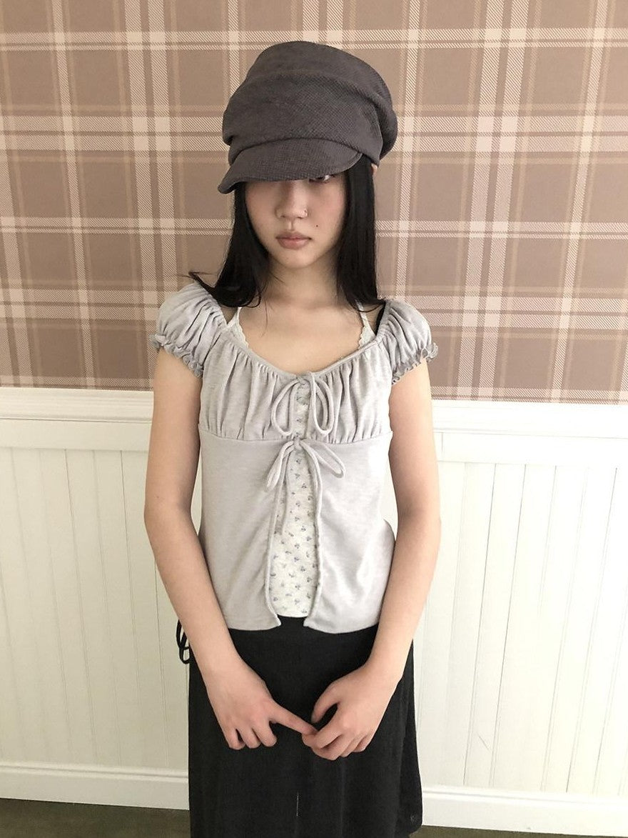 ang project Floral Halter Tie Puff Sleeve Faux Layered Women&