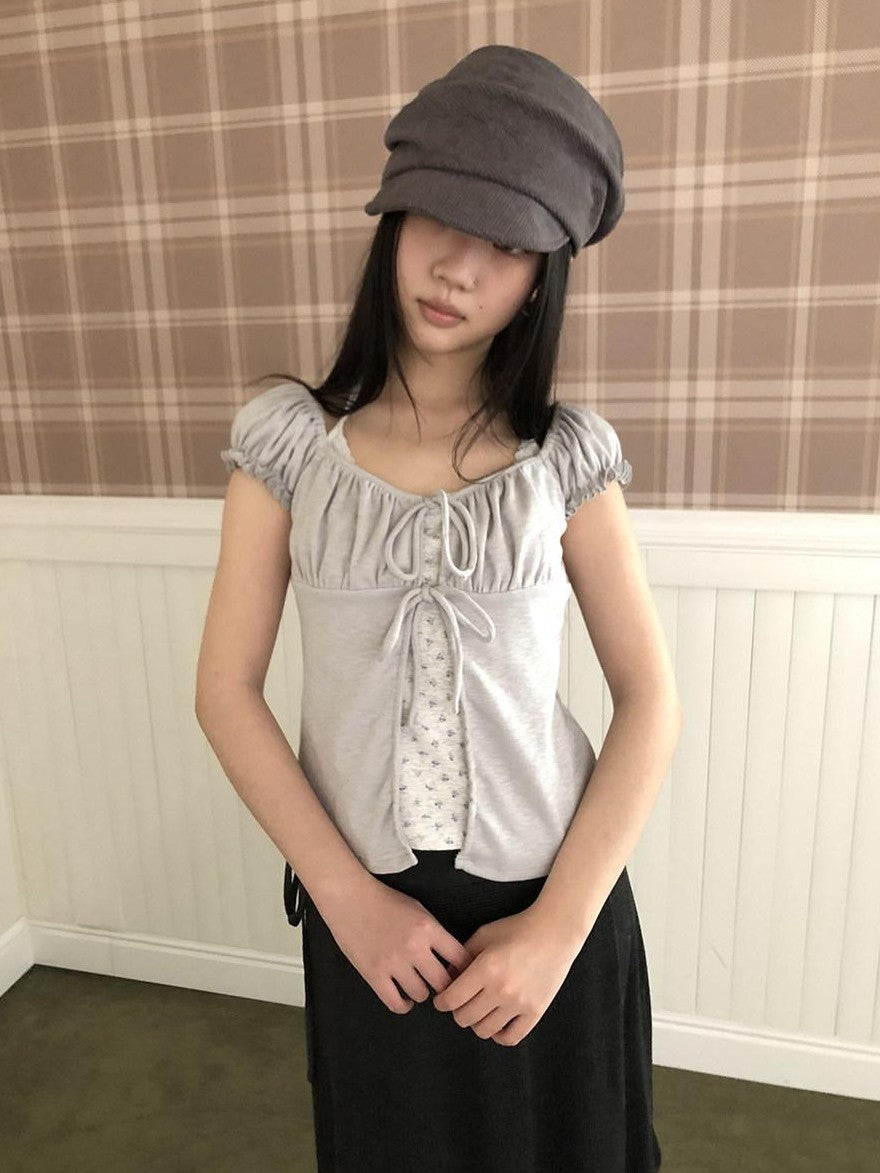 ang project Floral Halter Tie Puff Sleeve Faux Layered Women&