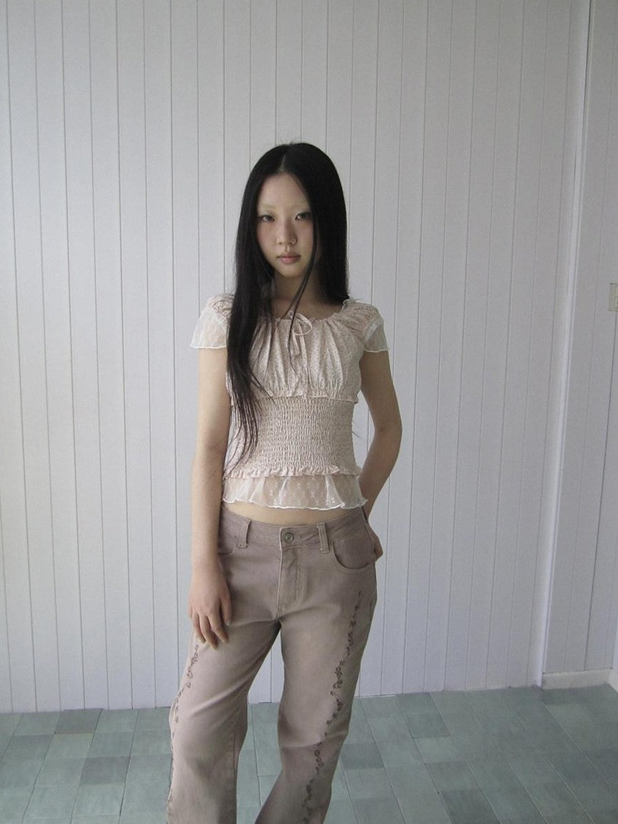 ang project Floral Lace Mesh Splice Lettuce Trim Square Neck Women&