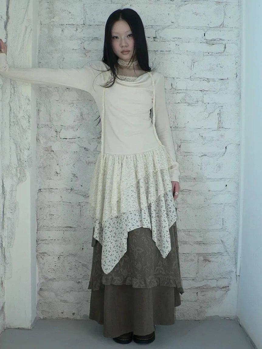 ang project Floral Lace Spliced Asymmetrical Hem Blouse T-shirt