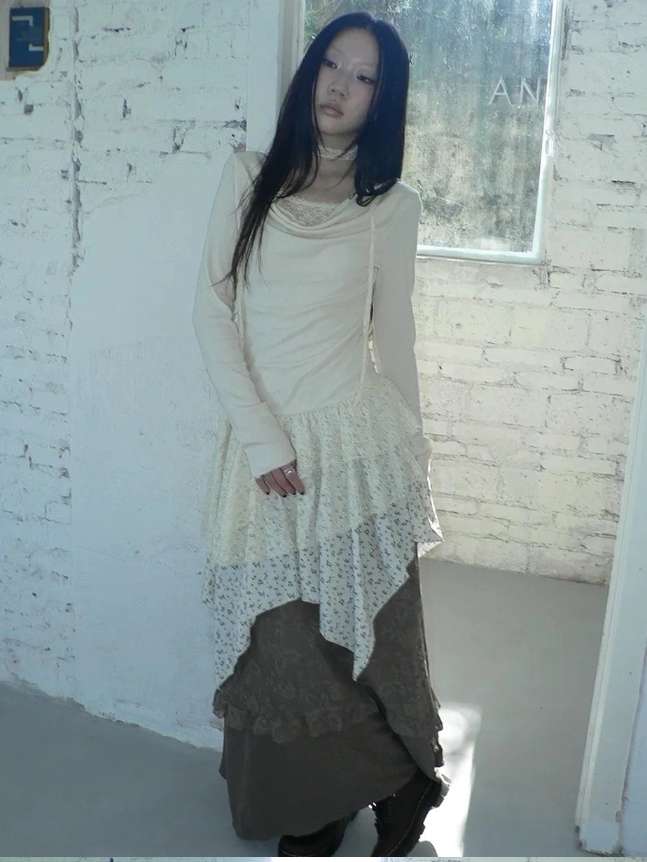 ang project Floral Lace Spliced Asymmetrical Hem Blouse T-shirt