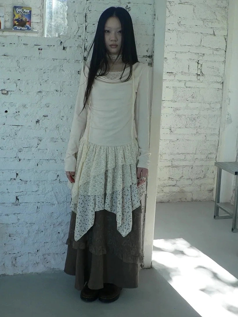 ang project Floral Lace Spliced Asymmetrical Hem Blouse T-shirt