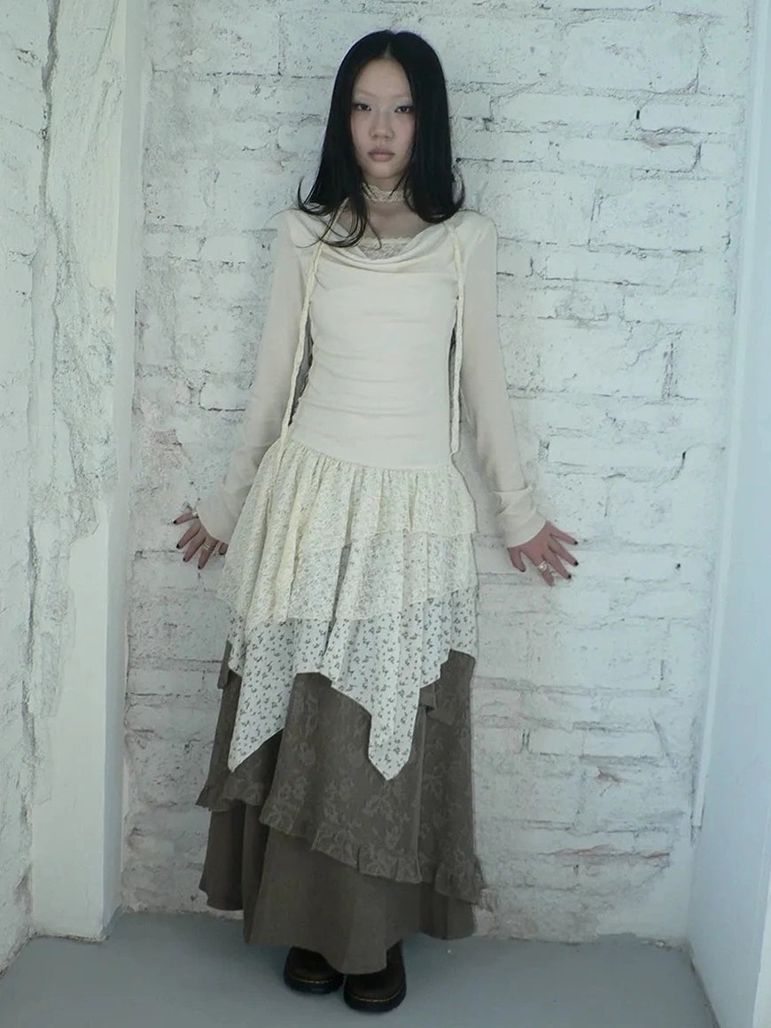 ang project Floral Lace Spliced Asymmetrical Hem Blouse T-shirt