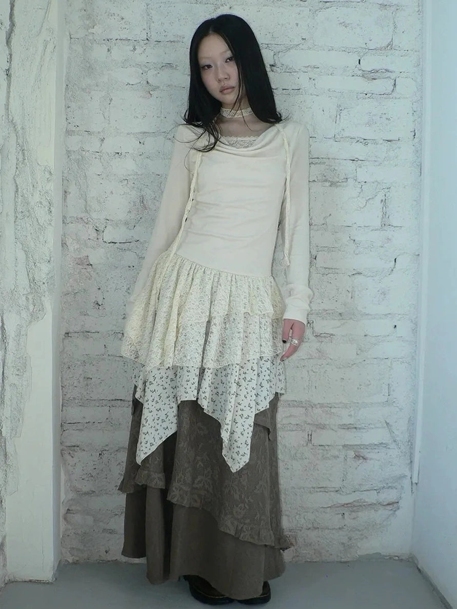 ang project Floral Lace Spliced Asymmetrical Hem Blouse T-shirt